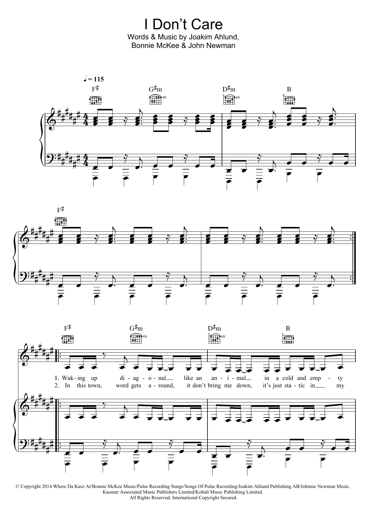 Download Cheryl I Don't Care Sheet Music and learn how to play Piano, Vocal & Guitar (Right-Hand Melody) PDF digital score in minutes