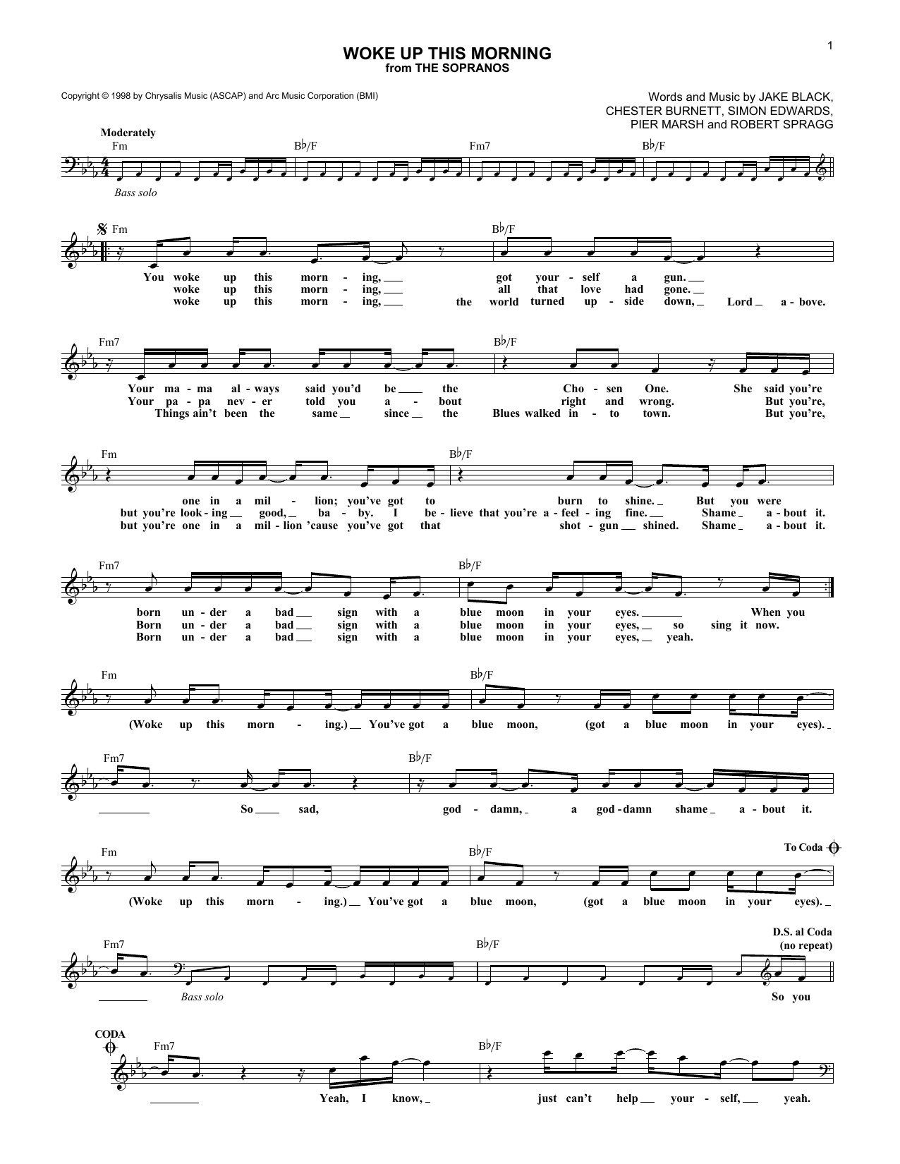 Download Alabama 3 Woke Up This Morning Sheet Music and learn how to play Melody Line, Lyrics & Chords PDF digital score in minutes