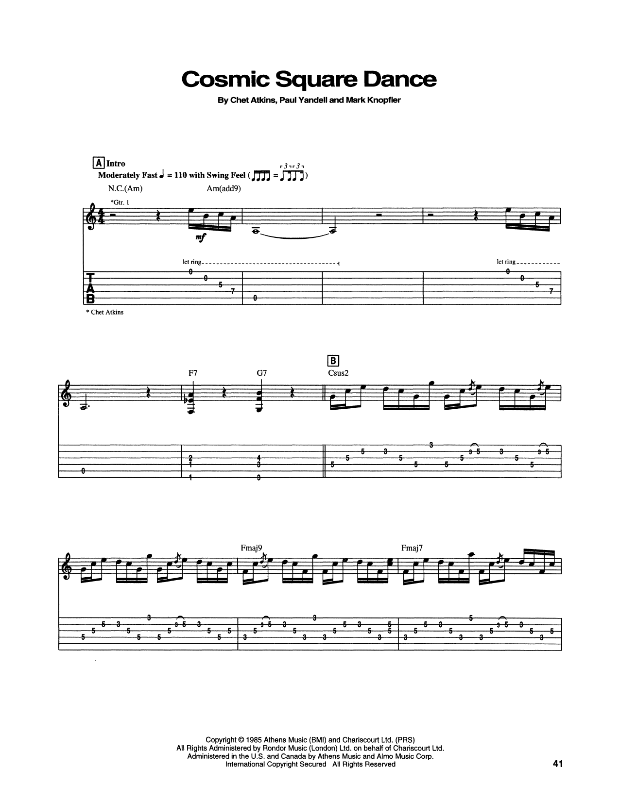 Download Chet Atkins Cosmic Square Dance Sheet Music and learn how to play Guitar Tab PDF digital score in minutes