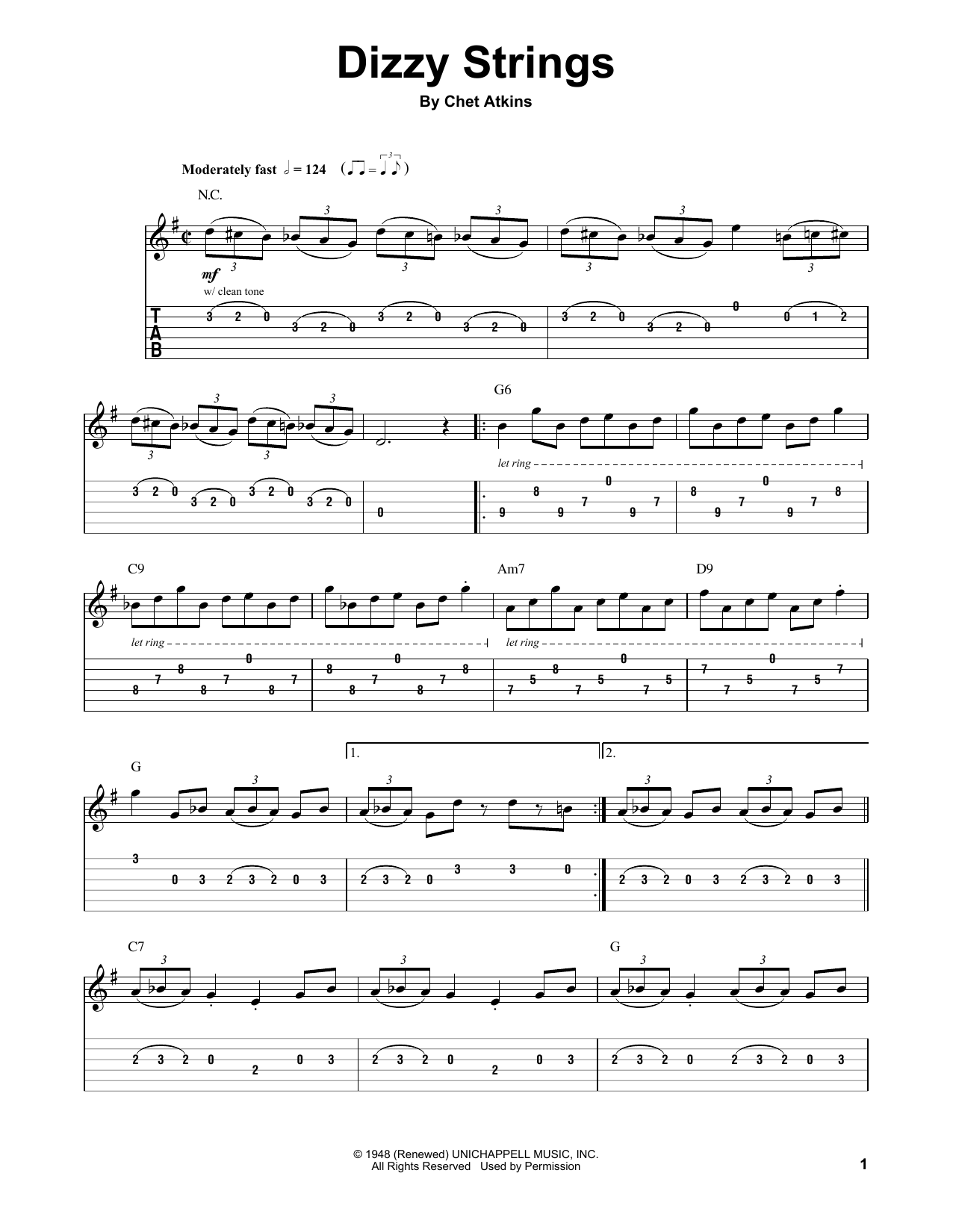 Download Chet Atkins Dizzy Strings Sheet Music and learn how to play Guitar Tab Play-Along PDF digital score in minutes