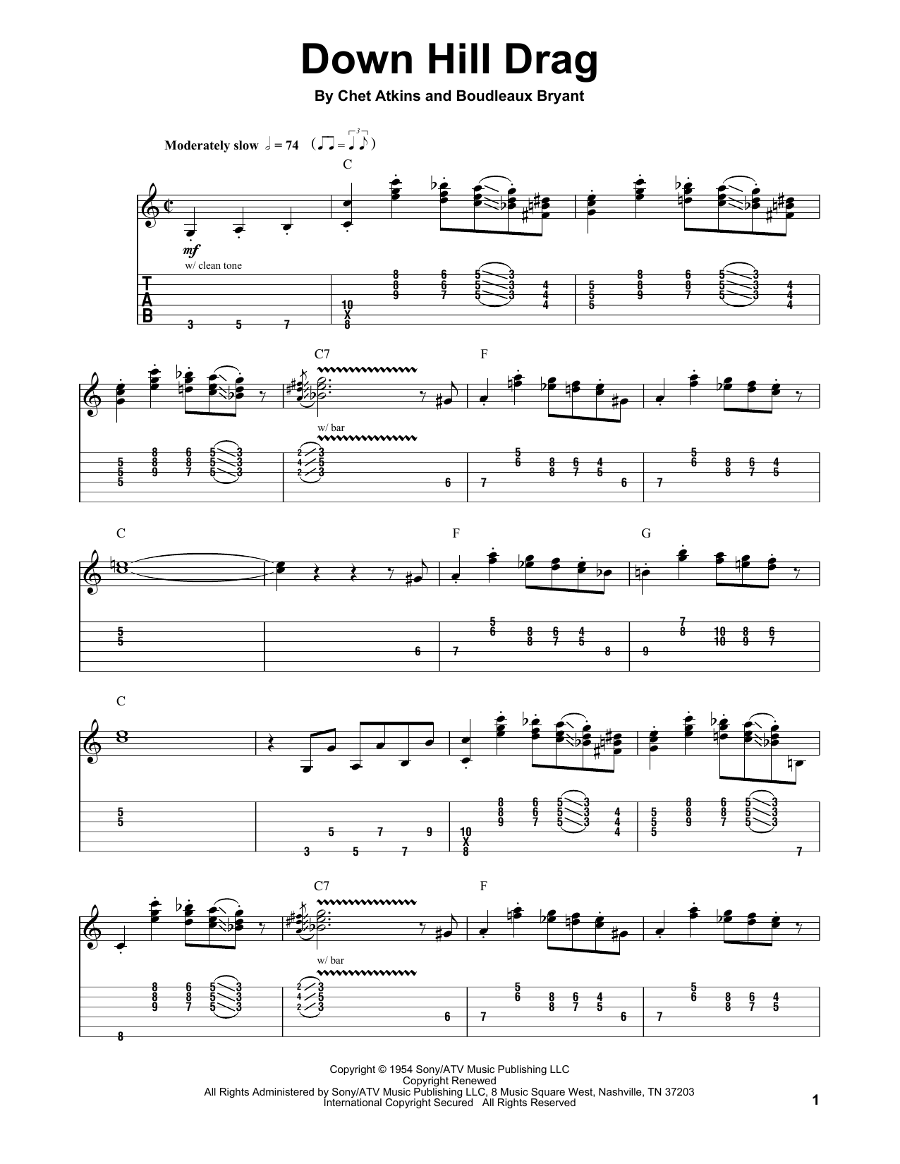 Download Chet Atkins Down Hill Drag Sheet Music and learn how to play Guitar Tab Play-Along PDF digital score in minutes