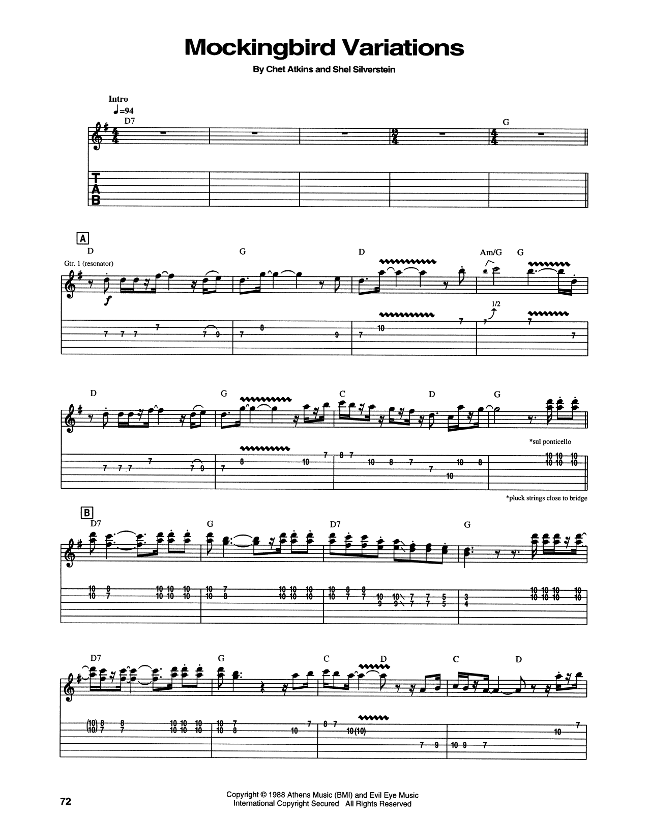 Download Chet Atkins Mockingbird Variations Sheet Music and learn how to play Guitar Tab PDF digital score in minutes