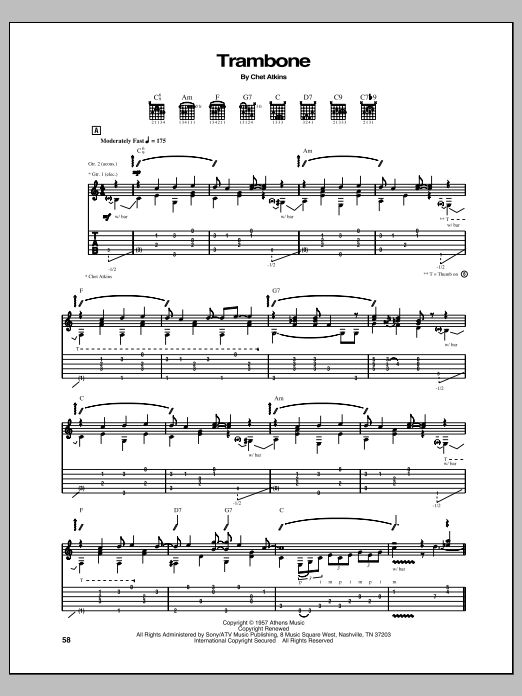 Download Chet Atkins Trambone Sheet Music and learn how to play Guitar Tab Play-Along PDF digital score in minutes