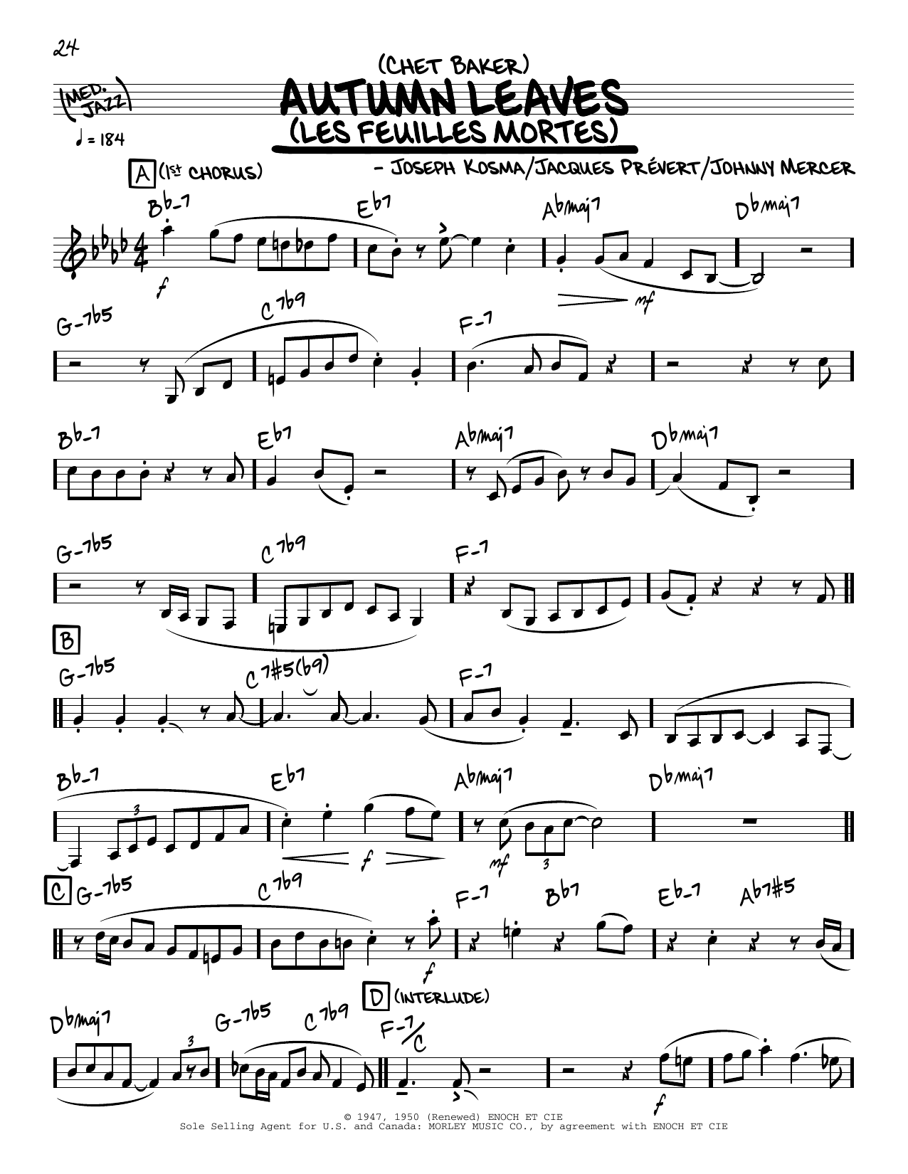 Download Chet Baker Autumn Leaves (solo only) Sheet Music and learn how to play Real Book – Melody & Chords PDF digital score in minutes