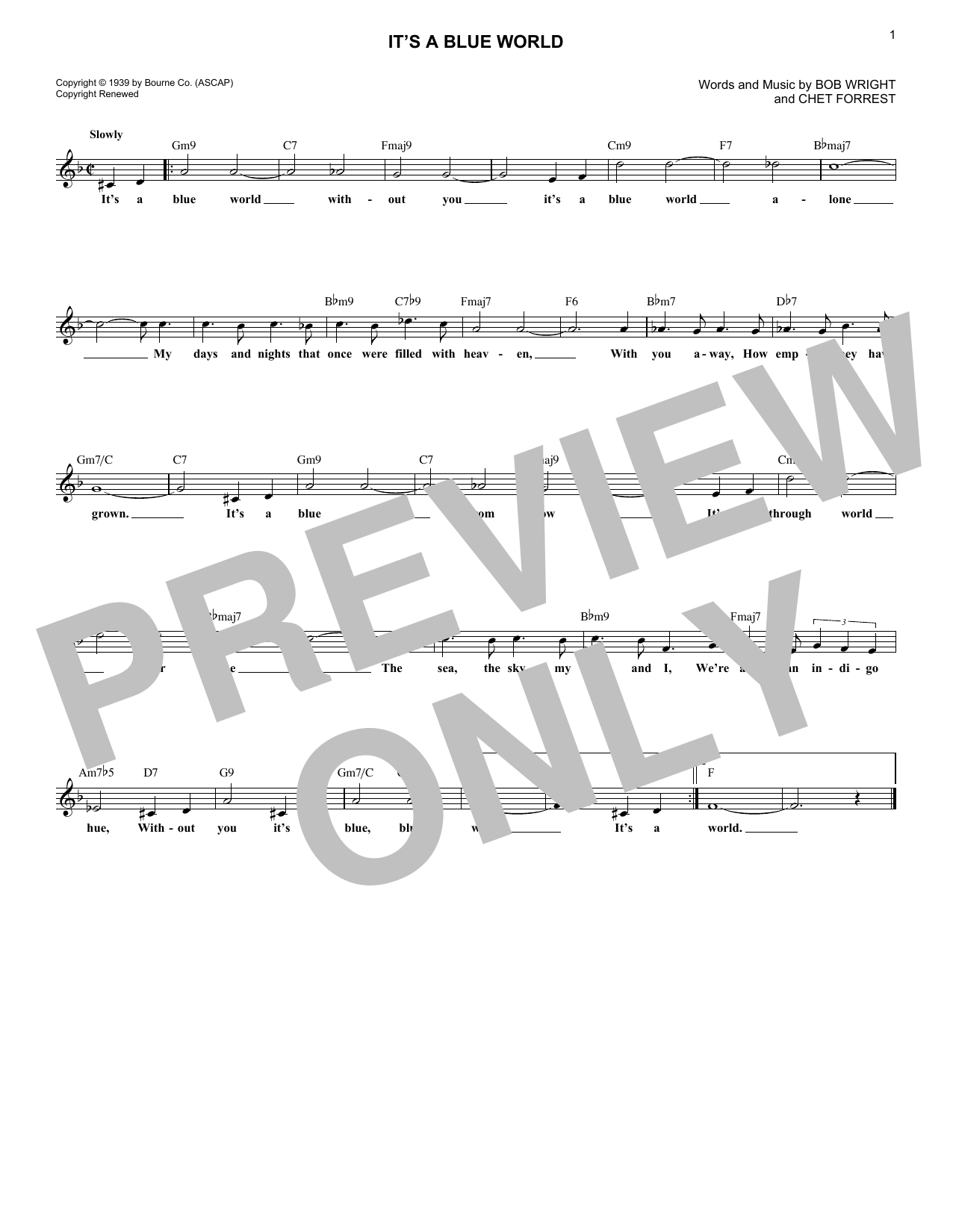 Download Chet Forrest It's A Blue World Sheet Music and learn how to play Melody Line, Lyrics & Chords PDF digital score in minutes