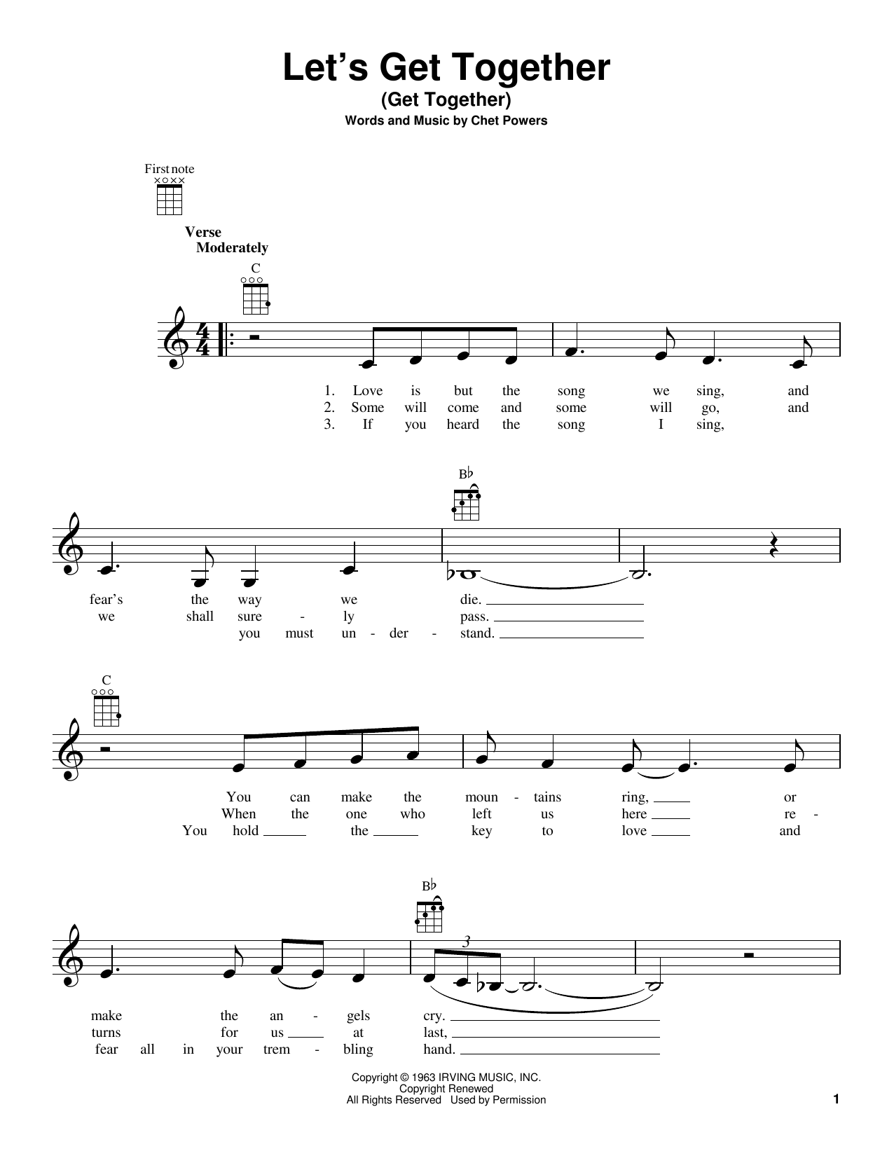 Download The Youngbloods Let's Get Together (Get Together) Sheet Music and learn how to play Ukulele PDF digital score in minutes