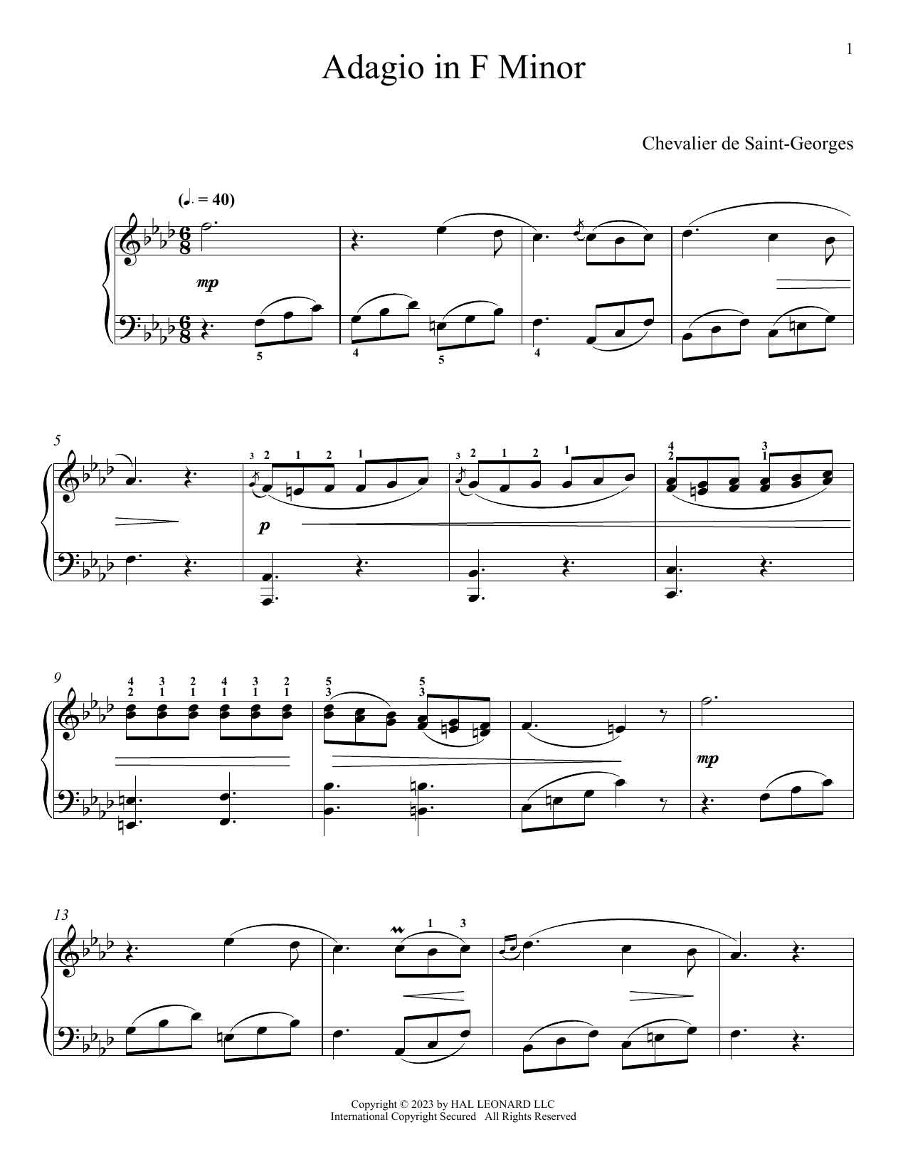 Download Chevalier de Saint-Georges Adagio In F Minor Sheet Music and learn how to play Piano Solo PDF digital score in minutes