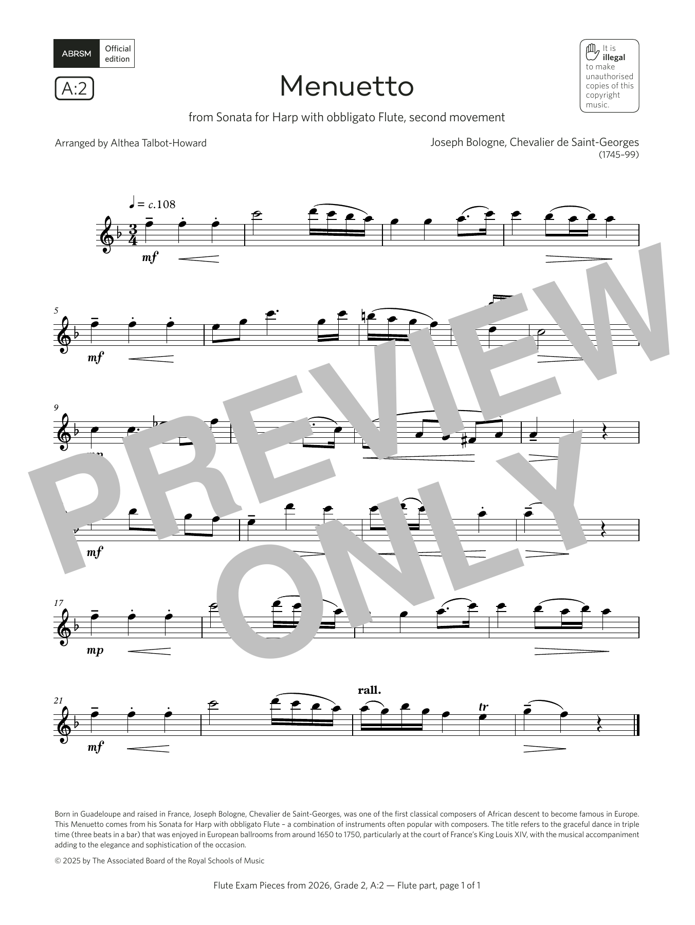 Download Chevalier de Saint-Georges Menuetto (Grade 2, list A2, from the ABRSM Flute Syllabus from 2026) Sheet Music and learn how to play Flute Solo PDF digital score in minutes