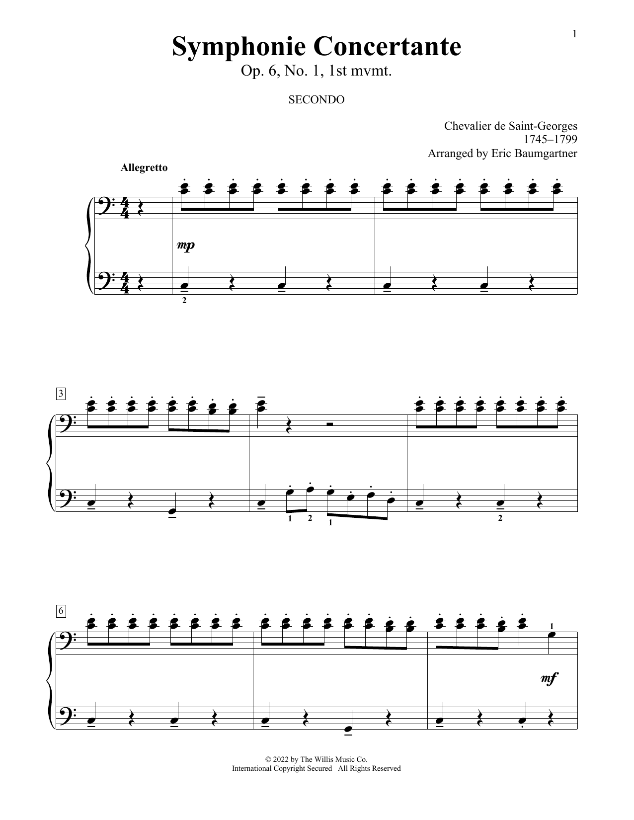 Download Chevalier de Saint-Georges Symphonie Concertante, Op. 6, No. 1, 1st Mvmt (arr. Eric Baumgartner) Sheet Music and learn how to play Piano Duet PDF digital score in minutes