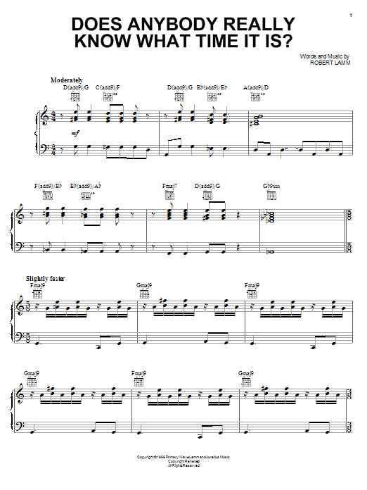Download Chicago Does Anybody Really Know What Time It Is? Sheet Music and learn how to play Piano, Vocal & Guitar (Right-Hand Melody) PDF digital score in minutes
