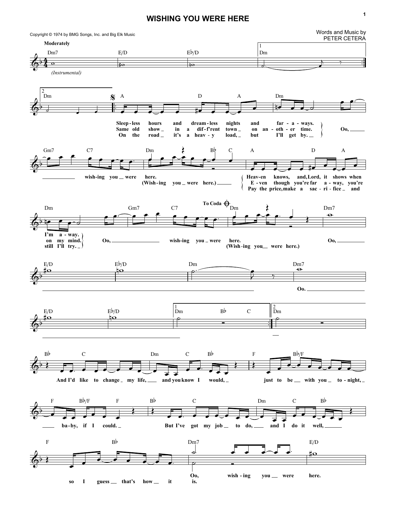 Download Chicago Wishing You Were Here Sheet Music and learn how to play Melody Line, Lyrics & Chords PDF digital score in minutes