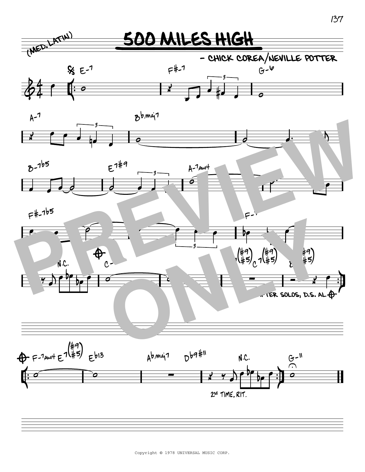 Download Chick Corea 500 Miles High [Reharmonized version] (arr. Jack Grassel) Sheet Music and learn how to play Real Book – Melody & Chords PDF digital score in minutes