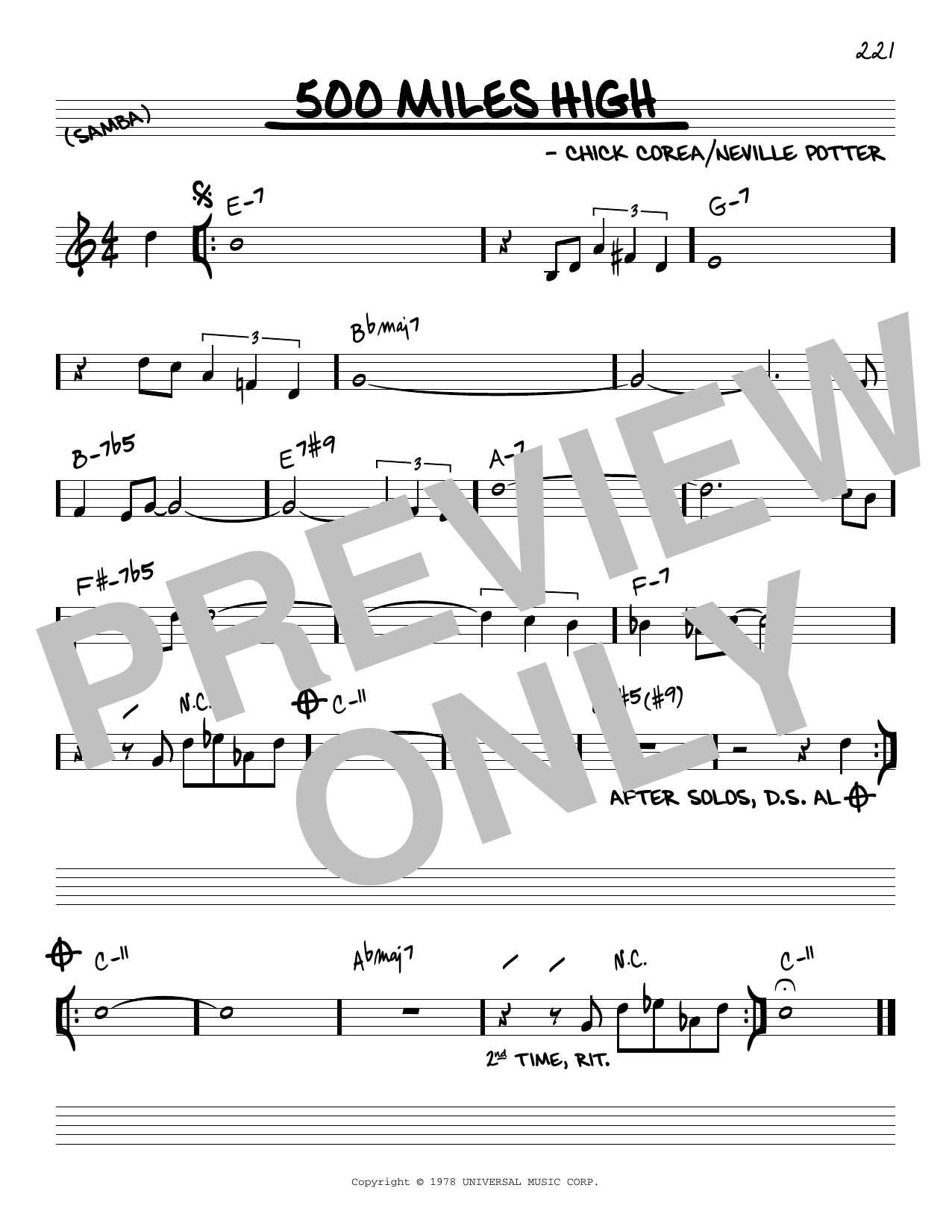 Download Chick Corea 500 Miles High Sheet Music and learn how to play Real Book – Melody & Chords – Bass Clef Instruments PDF digital score in minutes