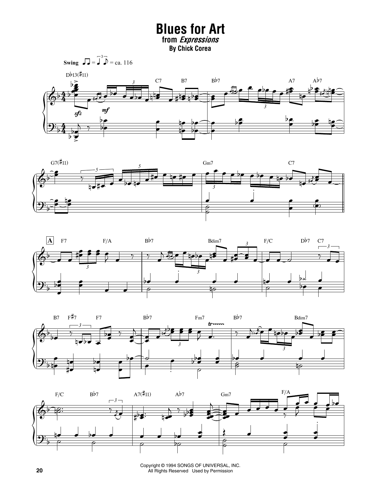 Download Chick Corea Blues For Art Sheet Music and learn how to play Piano Transcription PDF digital score in minutes