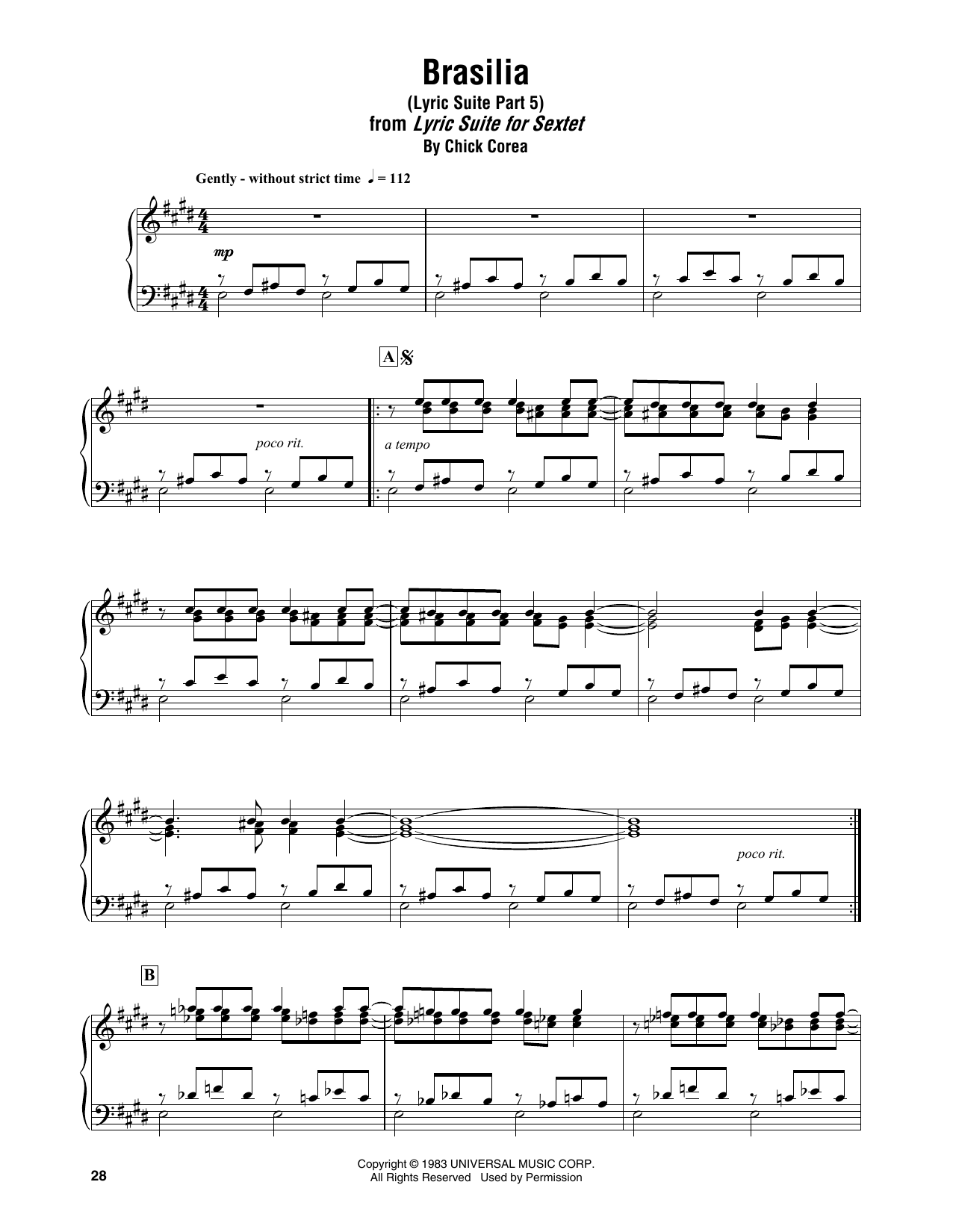 Download Chick Corea Brasilia (Lyric Suite Part 5) Sheet Music and learn how to play Piano Transcription PDF digital score in minutes