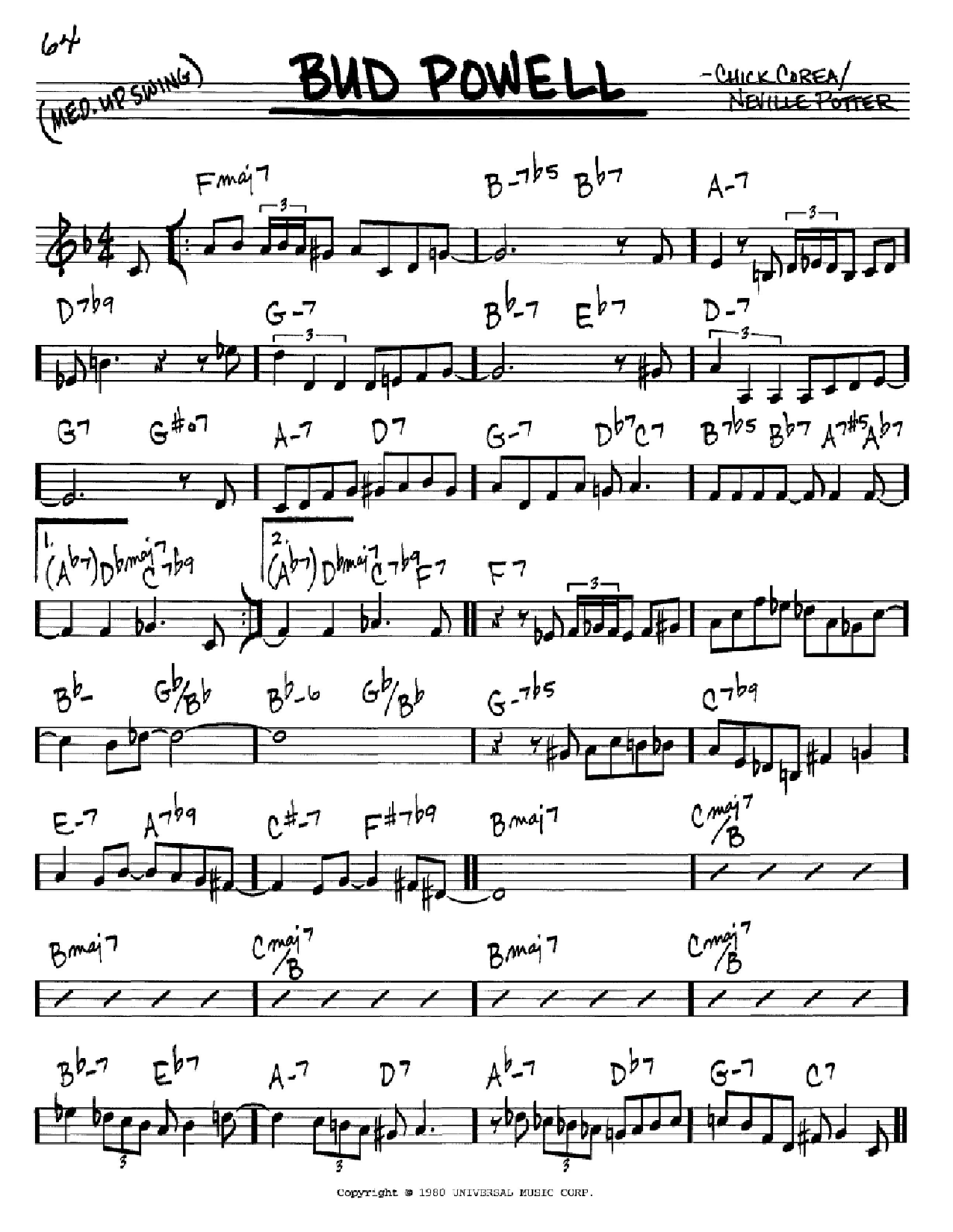Download Chick Corea Bud Powell Sheet Music and learn how to play Real Book – Melody & Chords – C Instruments PDF digital score in minutes