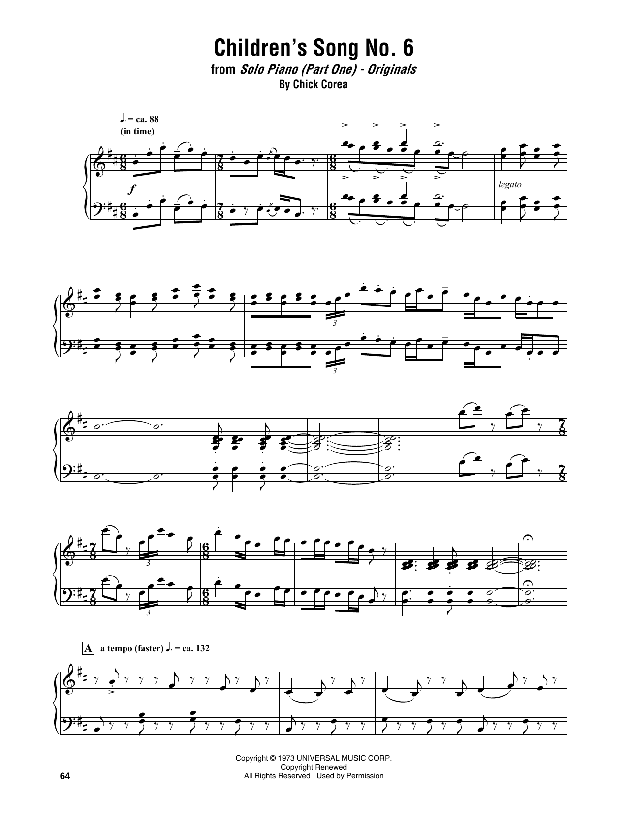 Download Chick Corea Children's Song No. 6 Sheet Music and learn how to play Piano Transcription PDF digital score in minutes