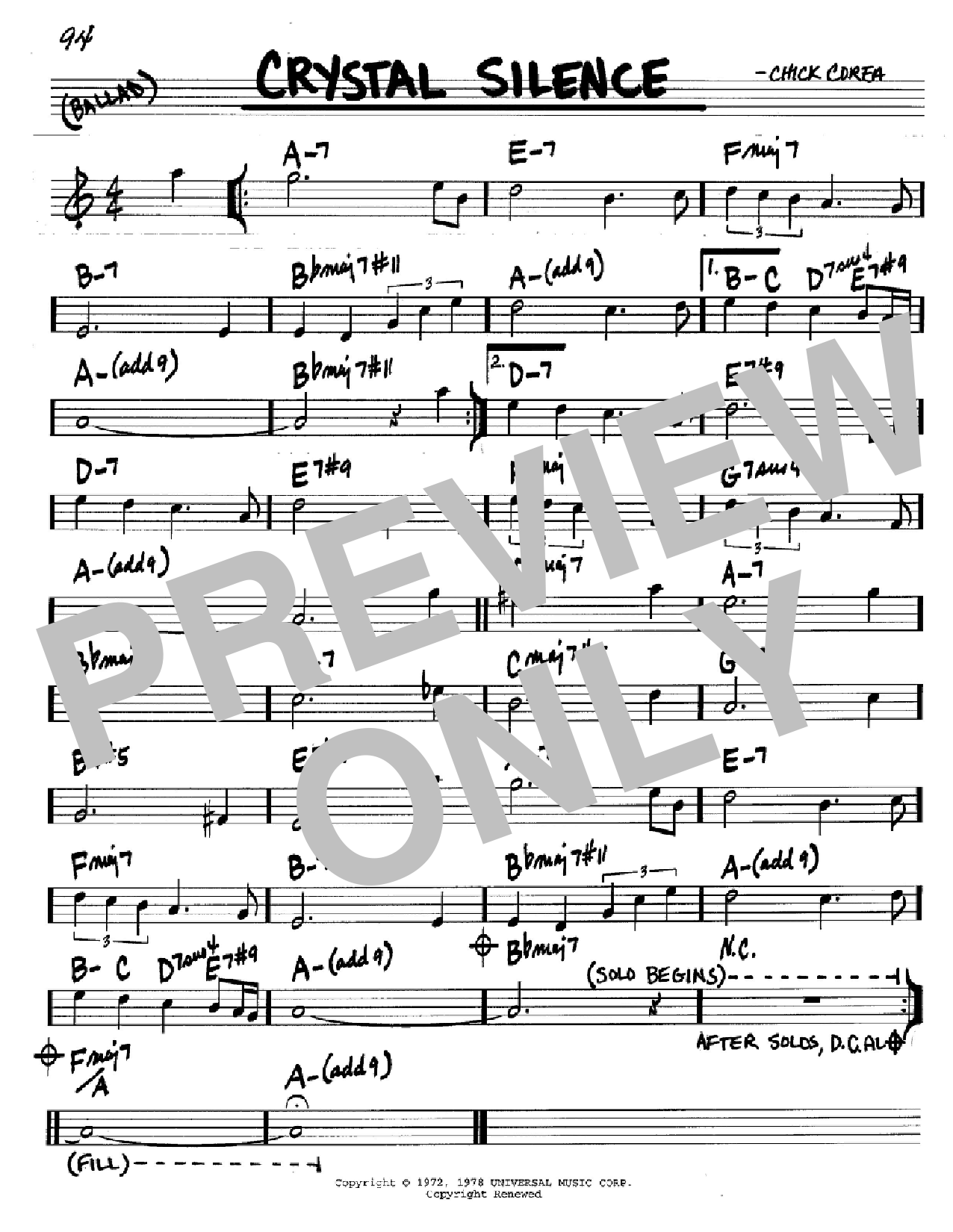 Download Chick Corea Crystal Silence Sheet Music and learn how to play Real Book – Melody & Chords – Bass Clef Instruments PDF digital score in minutes