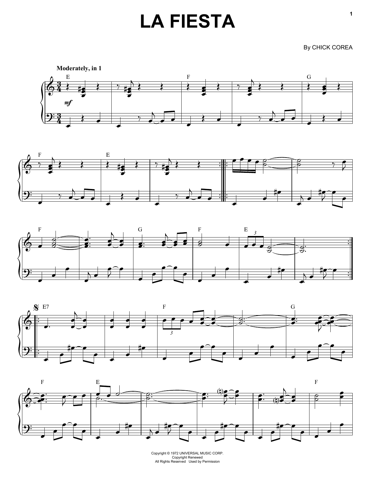 Download Chick Corea La Fiesta Sheet Music and learn how to play Piano Transcription PDF digital score in minutes