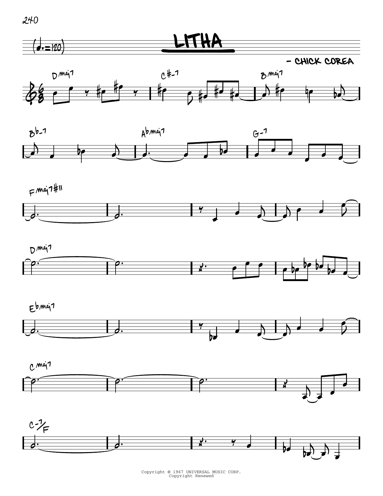 Download Chick Corea Litha [Reharmonized version] (arr. Jack Grassel) Sheet Music and learn how to play Real Book – Melody & Chords PDF digital score in minutes