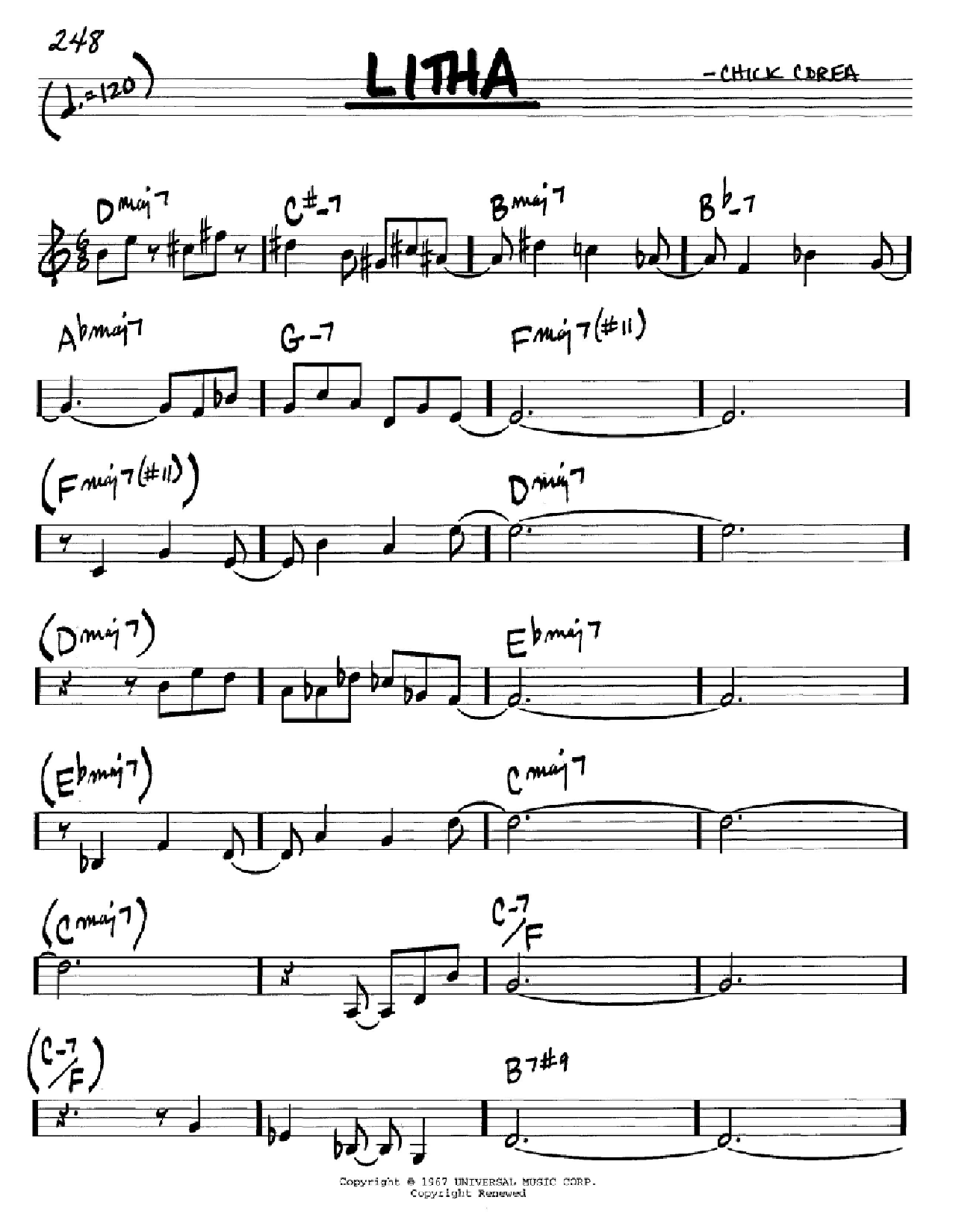 Download Chick Corea Litha Sheet Music and learn how to play Real Book – Melody & Chords – Bb Instruments PDF digital score in minutes