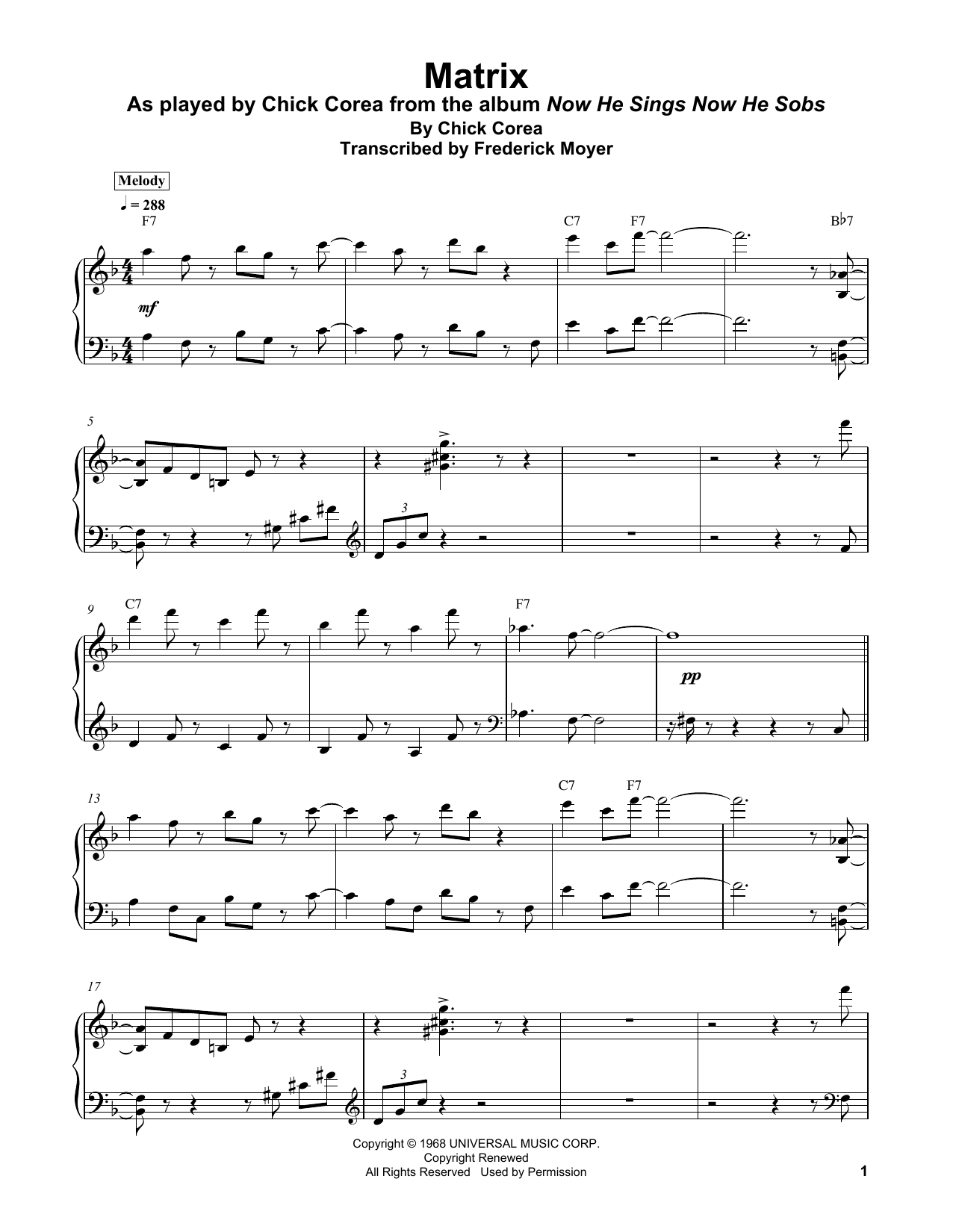 Download Chick Corea Matrix Sheet Music and learn how to play Piano Transcription PDF digital score in minutes