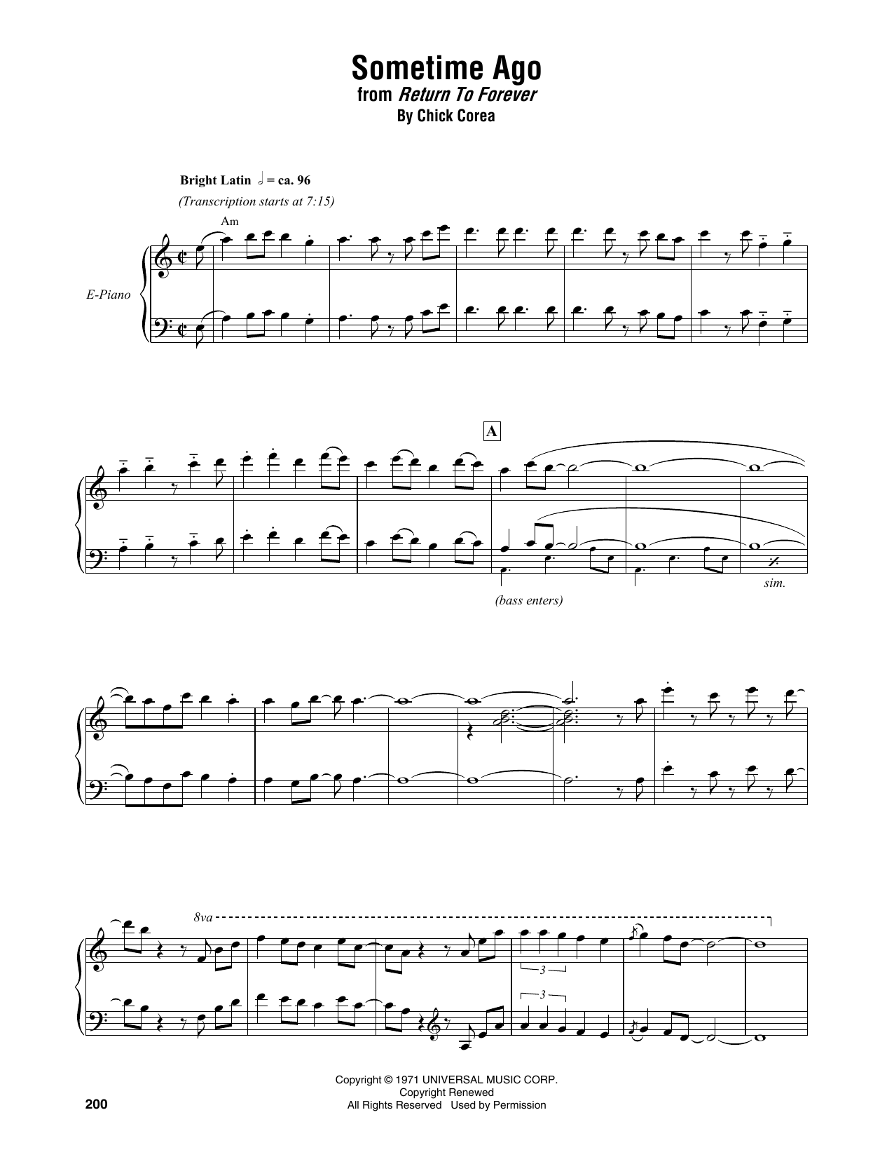 Download Chick Corea Sometime Ago Sheet Music and learn how to play Piano Transcription PDF digital score in minutes