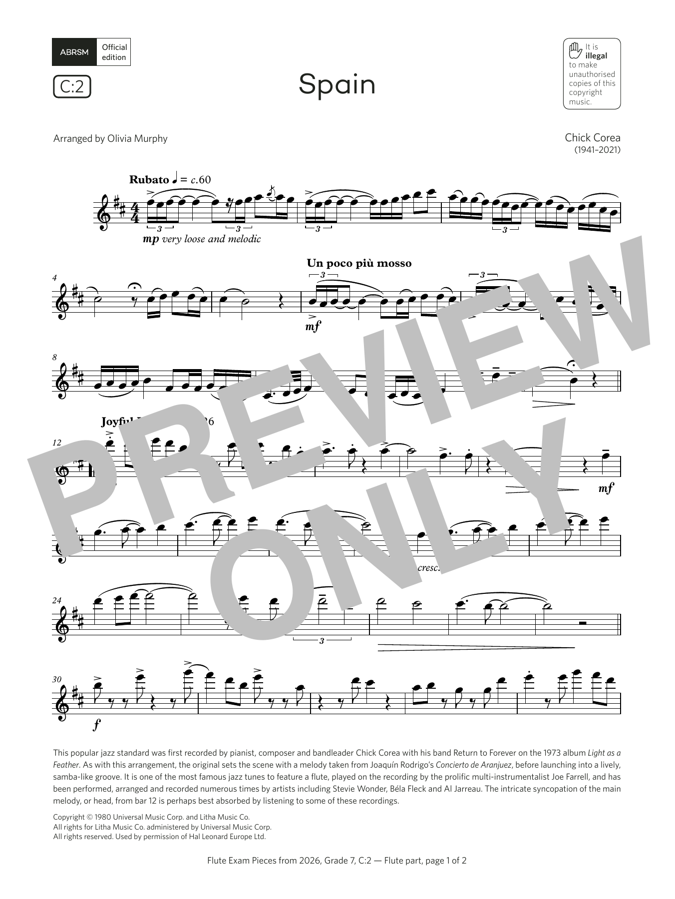 Download Chick Corea Spain (Grade 7, list C2, from the ABRSM Flute Syllabus from 2026) Sheet Music and learn how to play Flute Solo PDF digital score in minutes