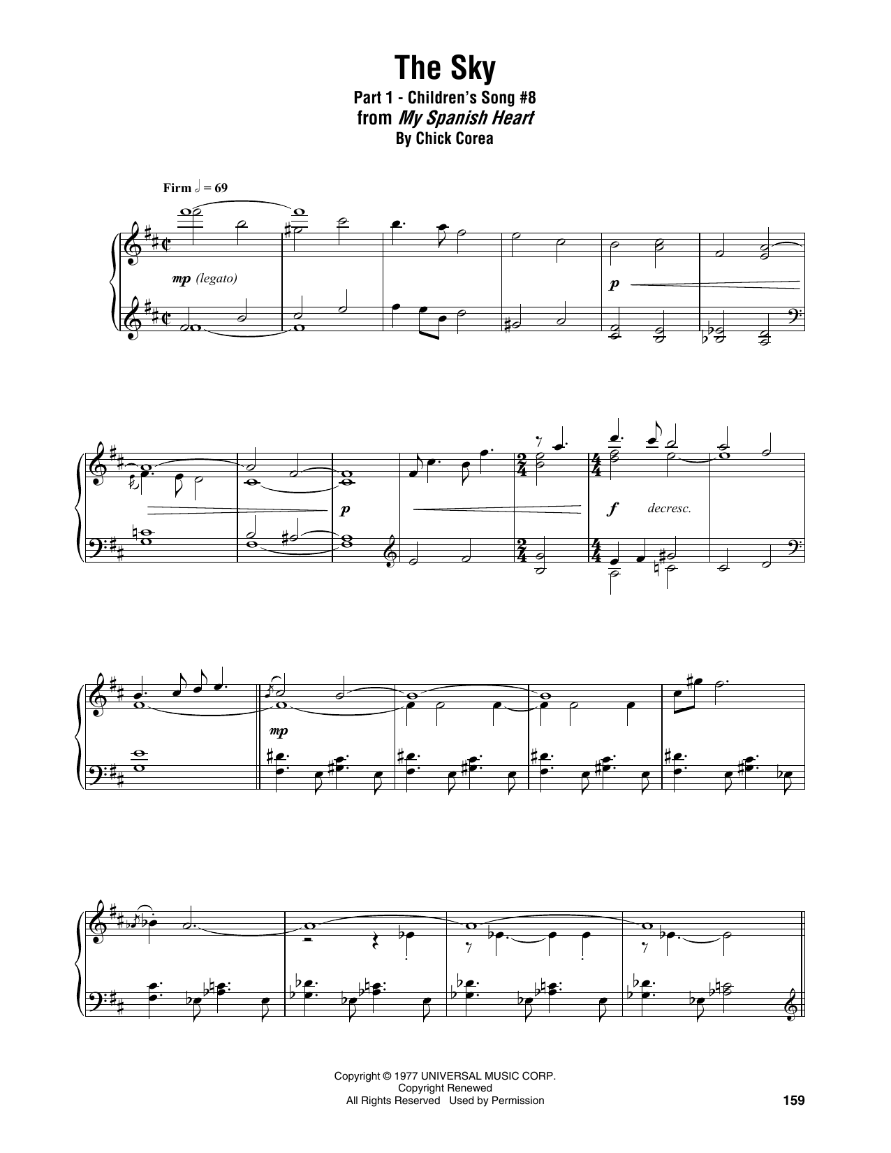 Download Chick Corea The Sky (Part 1 - Children's Song #8) Sheet Music and learn how to play Piano Transcription PDF digital score in minutes