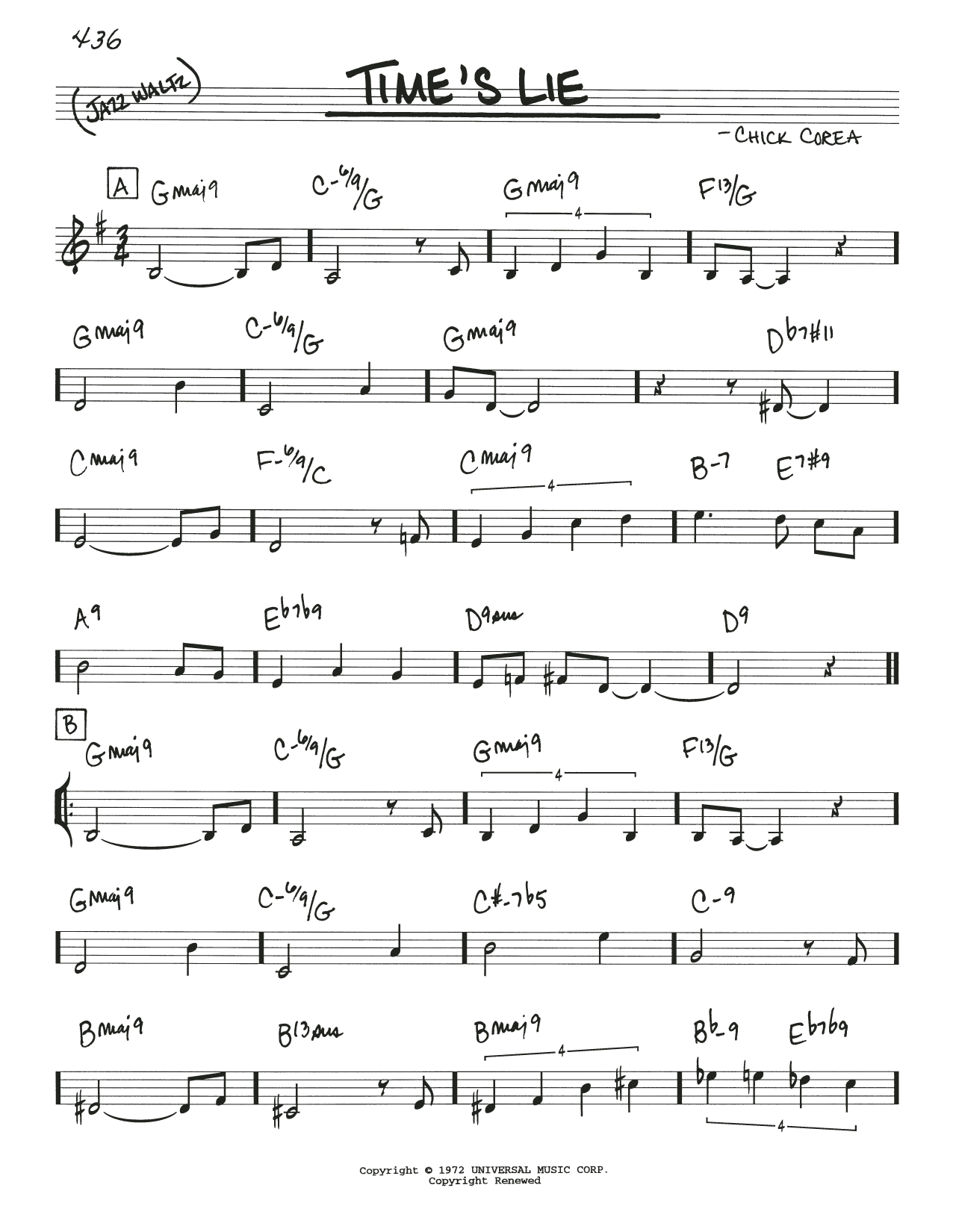 Download Chick Corea Time's Lie Sheet Music and learn how to play Real Book – Melody & Chords PDF digital score in minutes