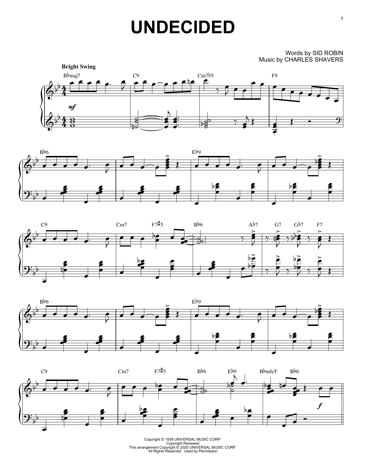 Download Chick Webb and His Orchestra Undecided [Jazz version] (arr. Brent Edstrom) Sheet Music and learn how to play Piano Solo PDF digital score in minutes