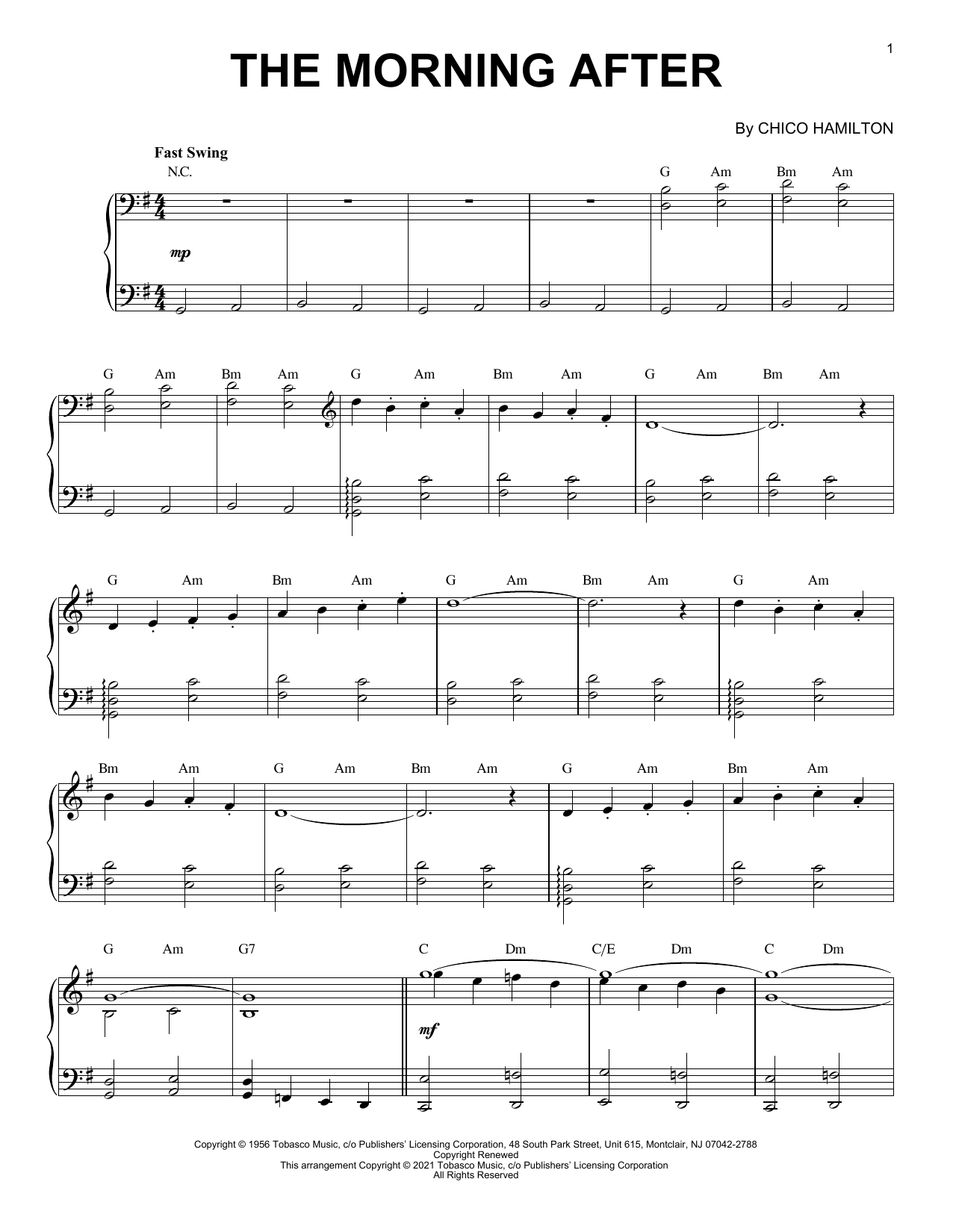 Download Chico Hamilton The Morning After [Jazz version] (arr. Brent Edstrom) Sheet Music and learn how to play Piano Solo PDF digital score in minutes