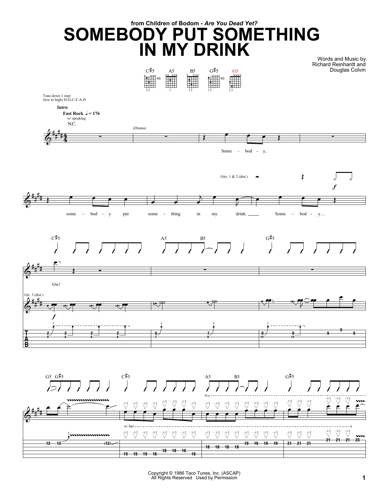 Download Children Of Bodom Somebody Put Something In My Drink Sheet Music and learn how to play Guitar Tab PDF digital score in minutes