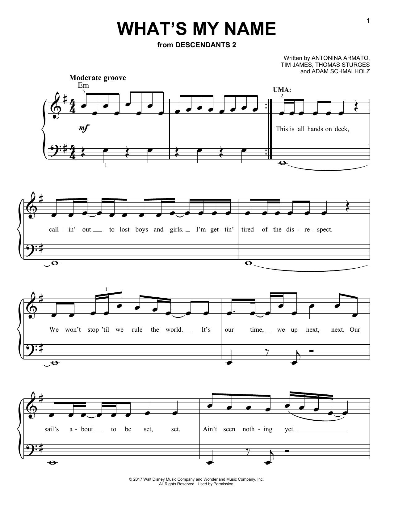 Download China Anne McClain, Dylan Playfair & Thomas Doherty What's My Name (from Disney's Descendants 2) Sheet Music and learn how to play Easy Piano PDF digital score in minutes