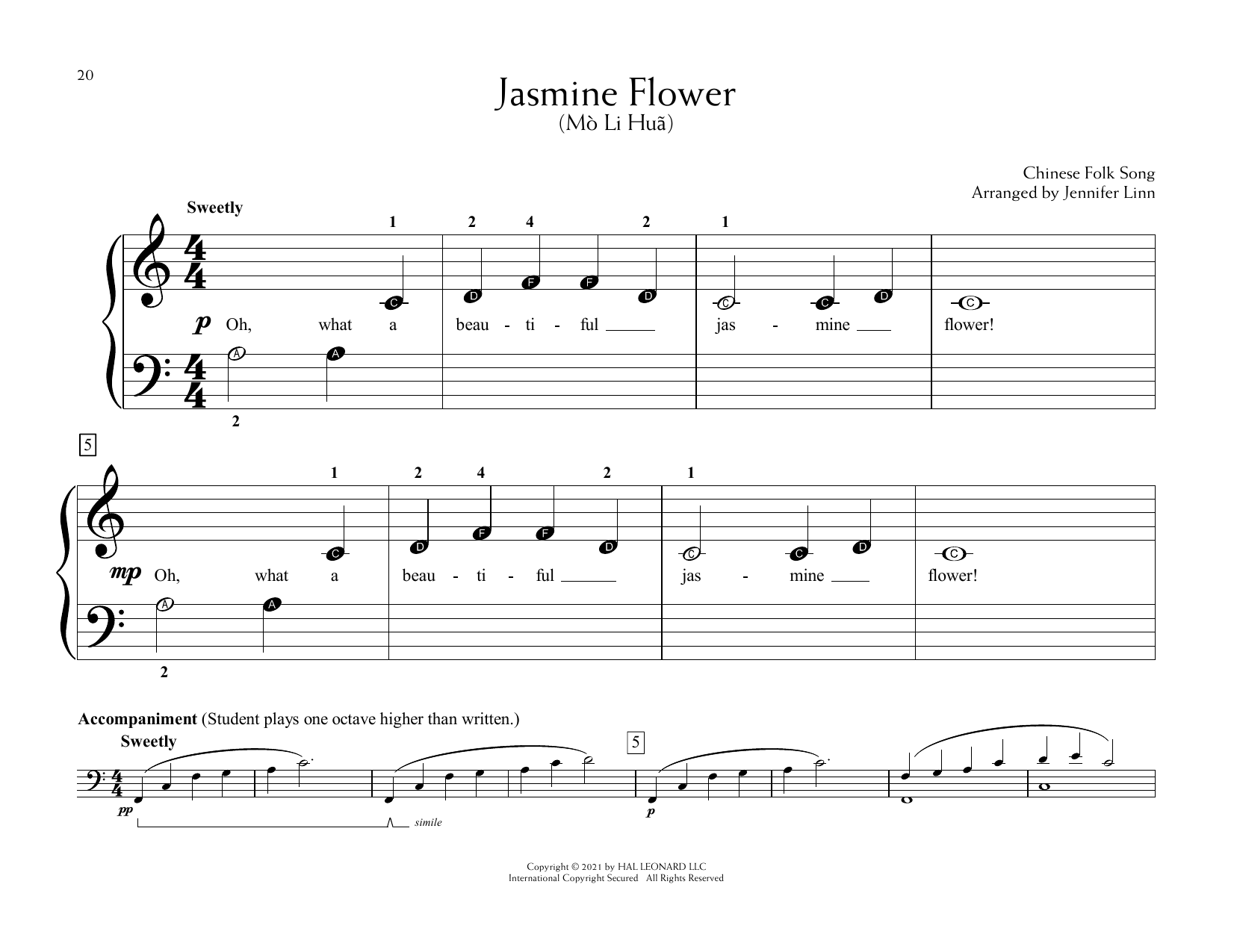 Download Chinese Folk Song Jasmine Flower (Mò Li Huã) (arr. Jennifer Linn) Sheet Music and learn how to play Educational Piano PDF digital score in minutes