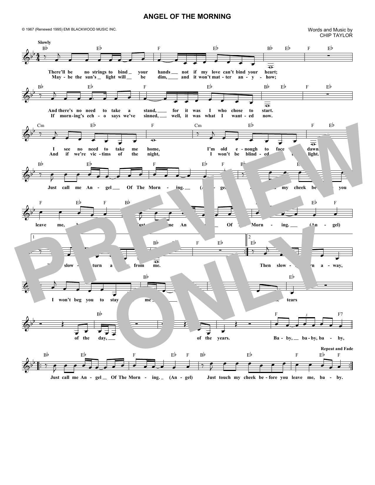 Download Chip Taylor Angel Of The Morning Sheet Music and learn how to play Melody Line, Lyrics & Chords PDF digital score in minutes