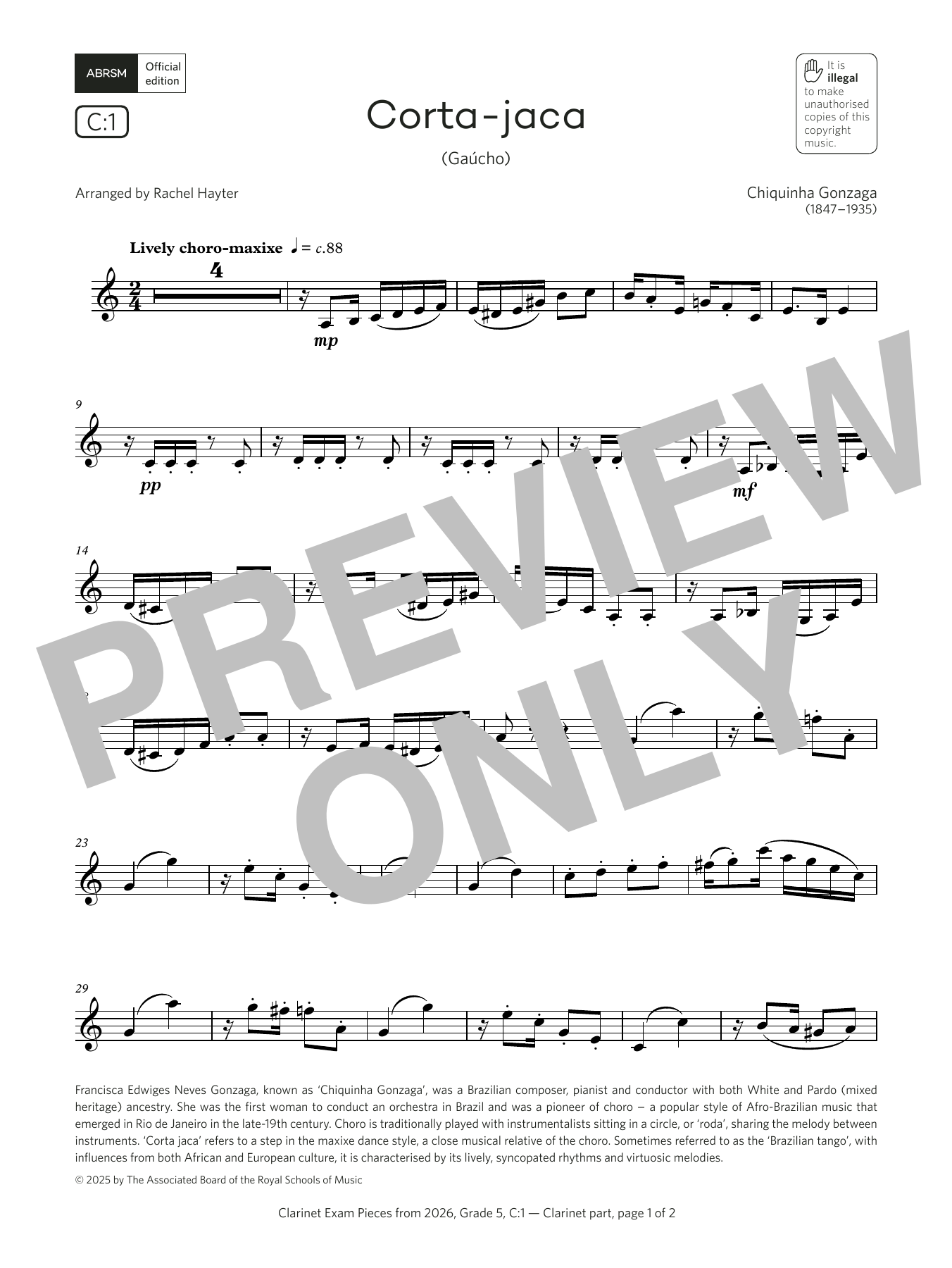 Download Chiquinha Gonzaga Corta-jaca (Grade 5, list C1, from the ABRSM Clarinet Syllabus from 2026) Sheet Music and learn how to play Clarinet Solo PDF digital score in minutes