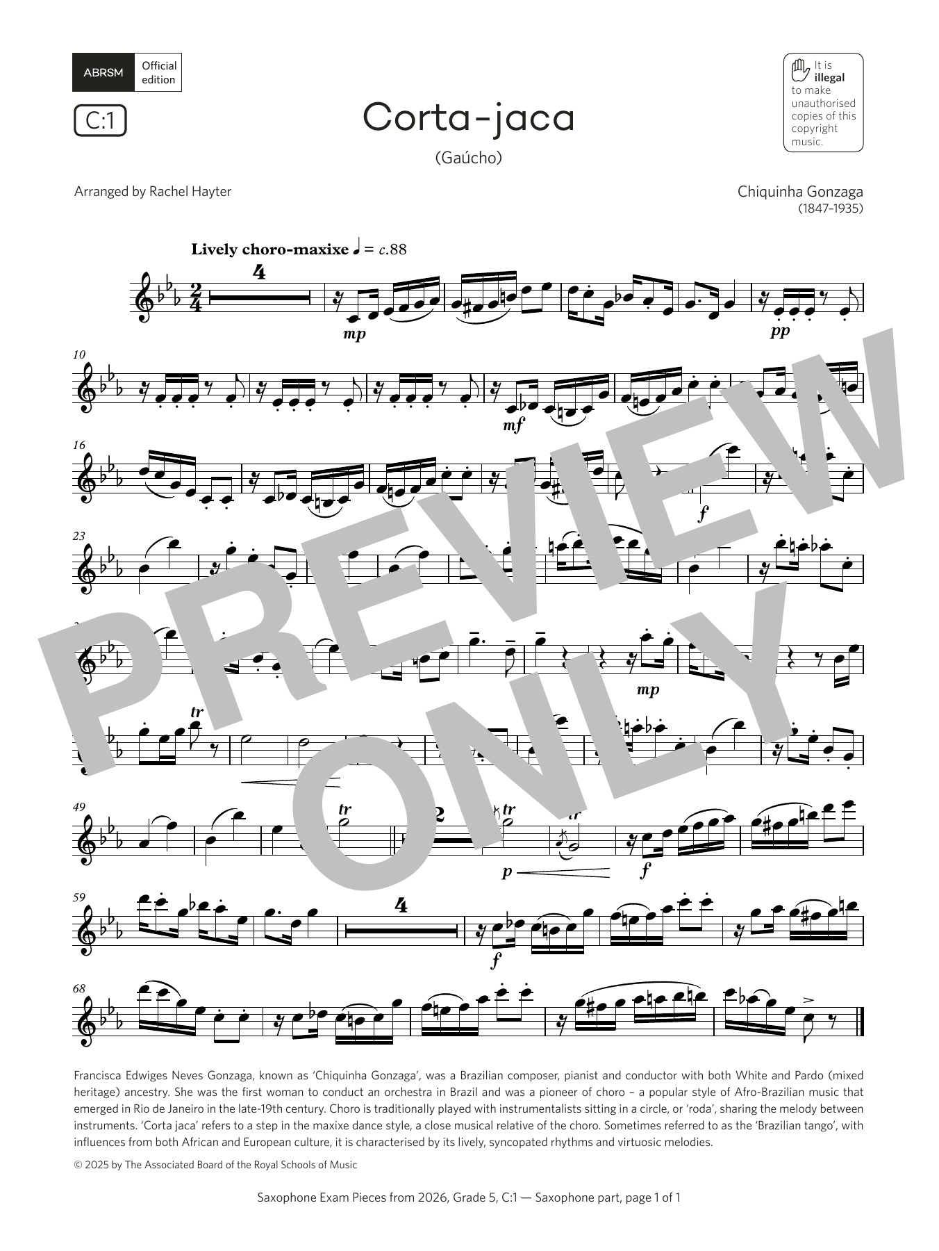 Download Chiquinha Gonzaga Corta-jaca (Grade 5, list C1, from the ABRSM Saxophone Syllabus from 2026) Sheet Music and learn how to play Alto Sax Solo PDF digital score in minutes