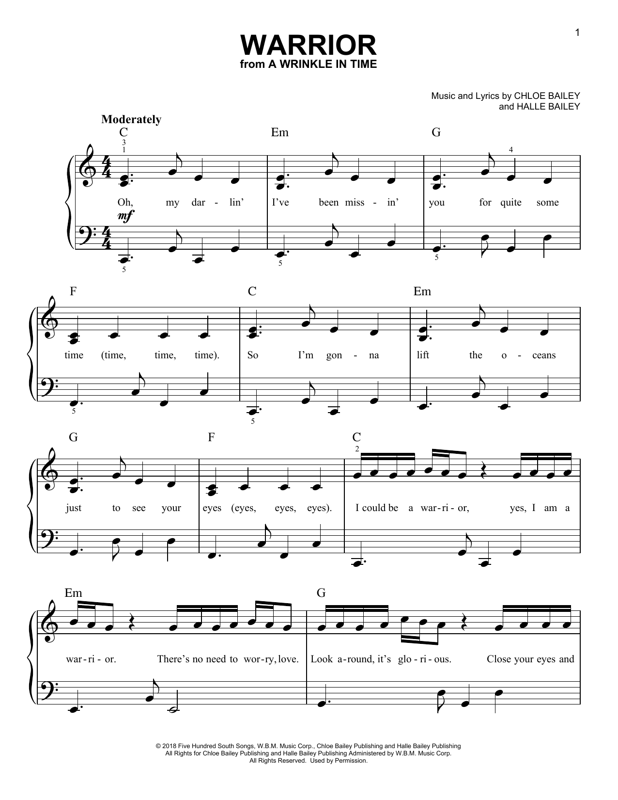 Download Chloe Bailey Warrior (from A Wrinkle In Time) Sheet Music and learn how to play Easy Piano PDF digital score in minutes