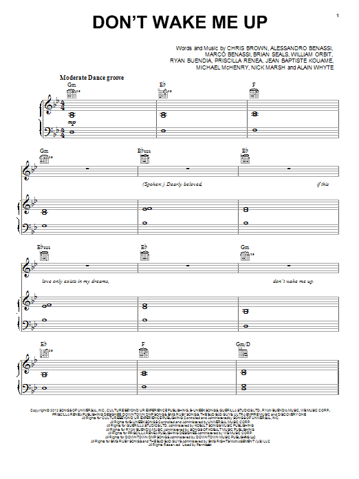 Download Chris Brown Don't Wake Me Up Sheet Music and learn how to play Piano, Vocal & Guitar (Right-Hand Melody) PDF digital score in minutes