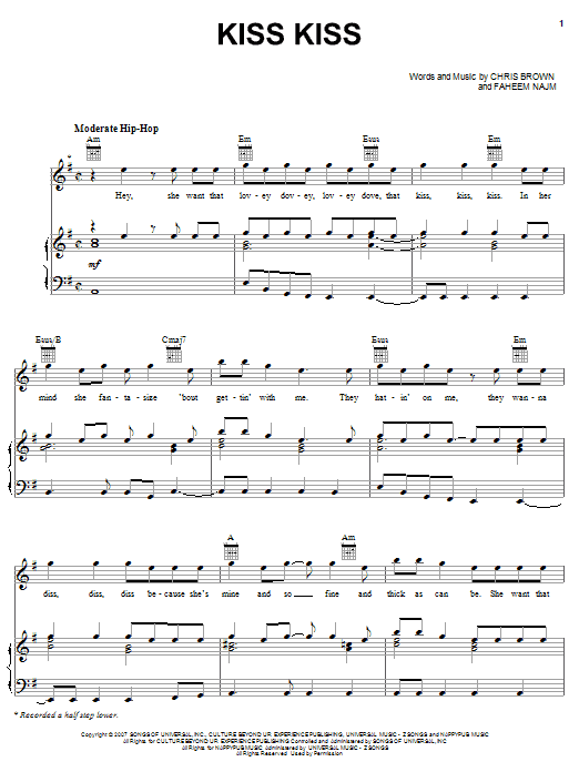 Download Chris Brown Kiss Kiss (feat. T-Pain) Sheet Music and learn how to play Piano, Vocal & Guitar (Right-Hand Melody) PDF digital score in minutes