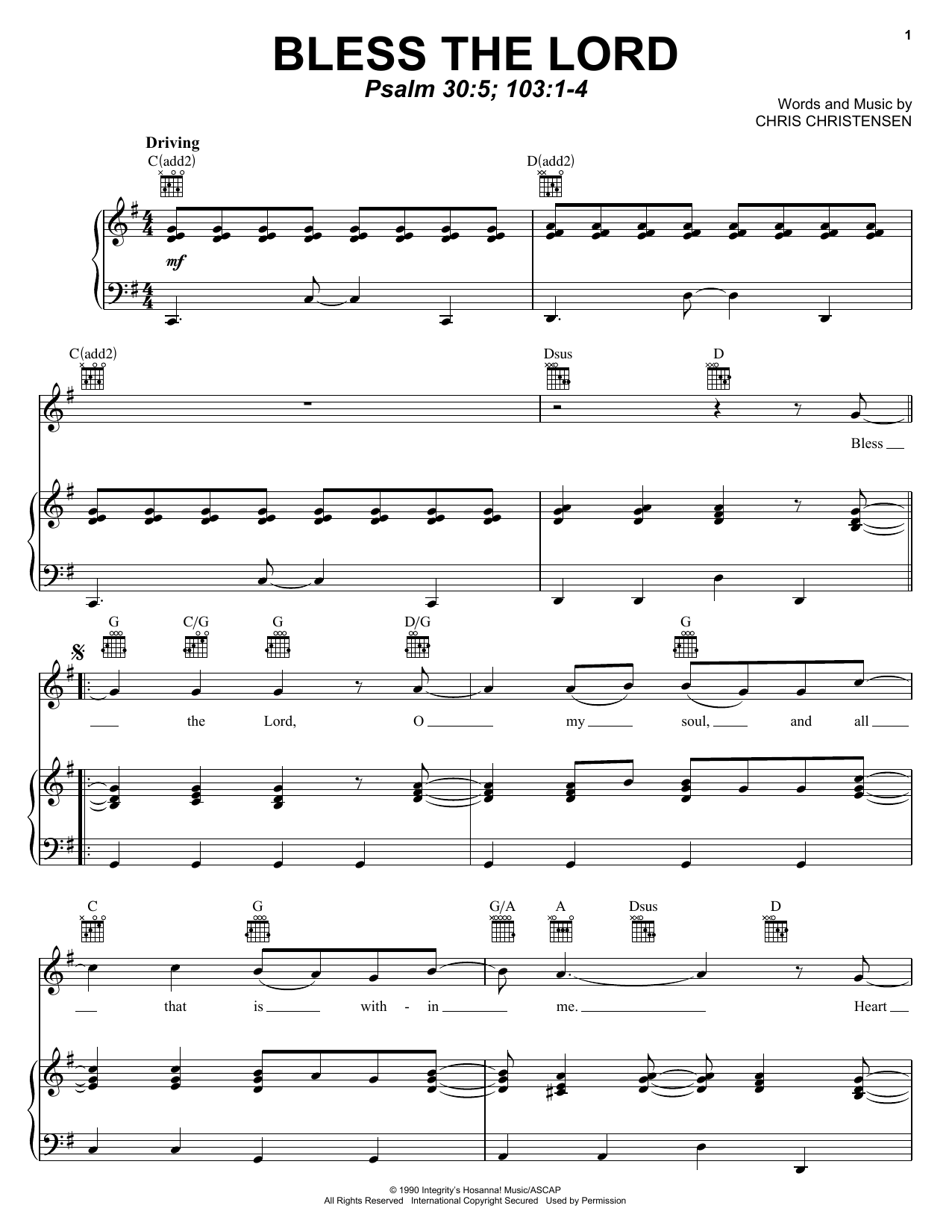 Download Chris Christensen Bless The Lord Sheet Music and learn how to play Piano, Vocal & Guitar Chords (Right-Hand Melody) PDF digital score in minutes