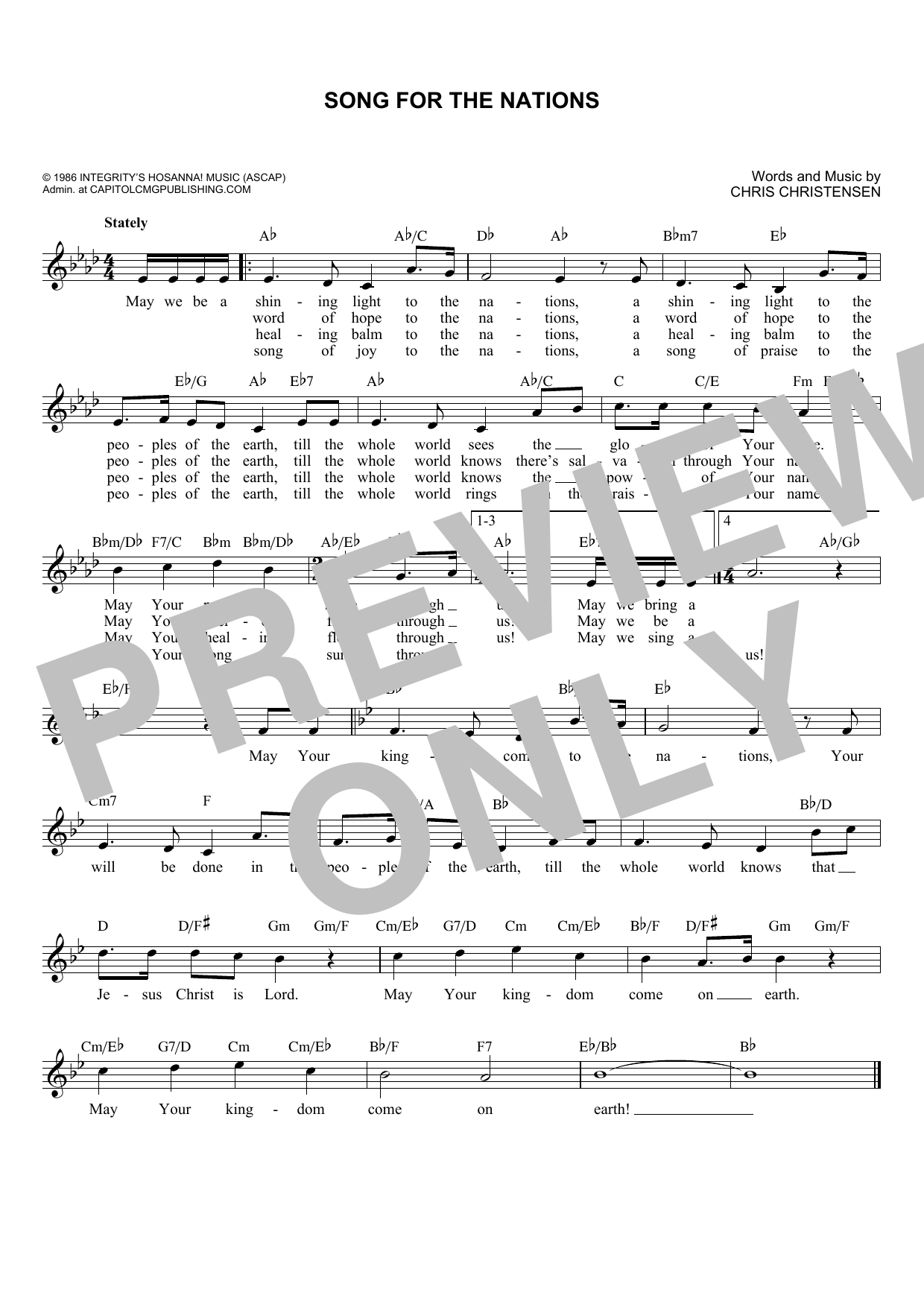 Download Chris Christensen Song For The Nations Sheet Music and learn how to play Melody Line, Lyrics & Chords PDF digital score in minutes