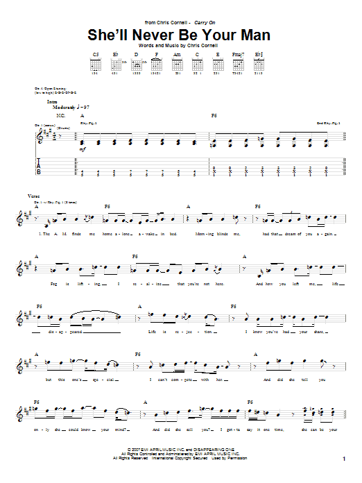 Download Chris Cornell She'll Never Be Your Man Sheet Music and learn how to play Guitar Tab PDF digital score in minutes