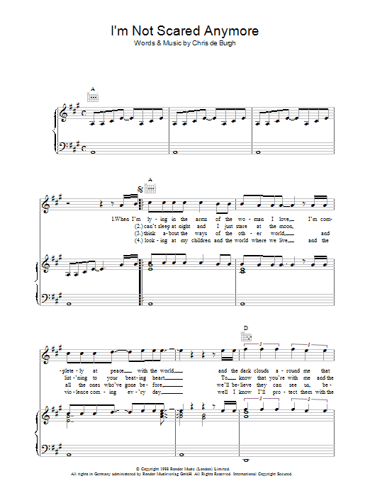 Download Chris de Burgh I'm Not Scared Anymore Sheet Music and learn how to play Piano, Vocal & Guitar (Right-Hand Melody) PDF digital score in minutes