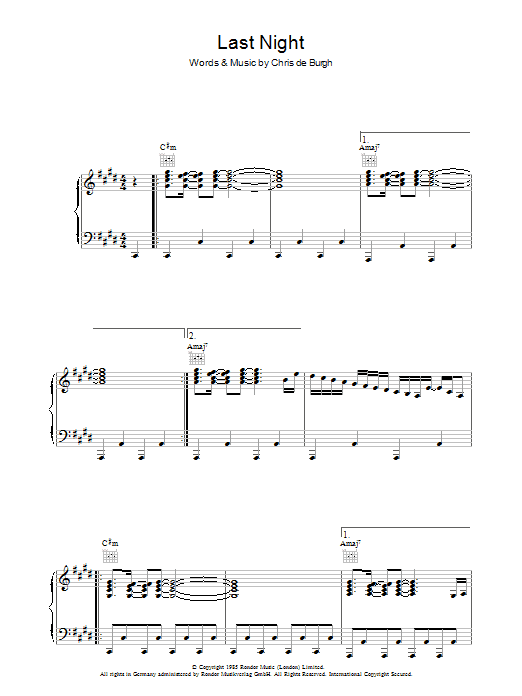 Download Chris de Burgh Last Night Sheet Music and learn how to play Piano, Vocal & Guitar PDF digital score in minutes