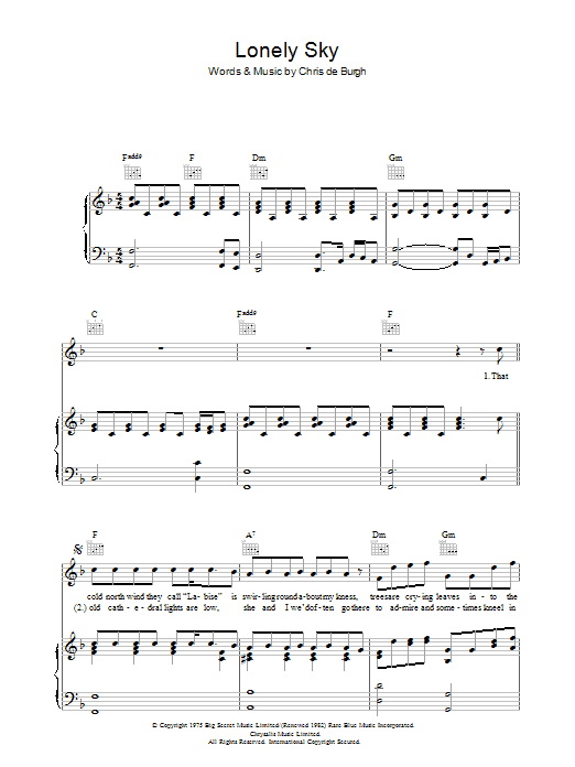 Download Chris de Burgh Lonely Sky Sheet Music and learn how to play Piano, Vocal & Guitar (Right-Hand Melody) PDF digital score in minutes