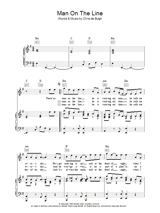 Download Chris de Burgh Man On The Line Sheet Music and learn how to play Piano, Vocal & Guitar (Right-Hand Melody) PDF digital score in minutes