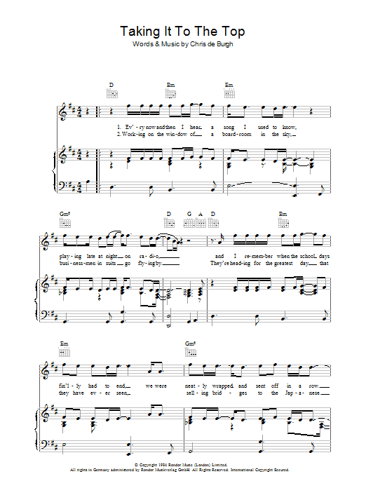 Download Chris de Burgh Taking It To The Top Sheet Music and learn how to play Piano, Vocal & Guitar (Right-Hand Melody) PDF digital score in minutes