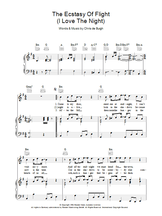 Download Chris de Burgh The Ecstasy Of Flight (I Love The Night) Sheet Music and learn how to play Piano, Vocal & Guitar (Right-Hand Melody) PDF digital score in minutes